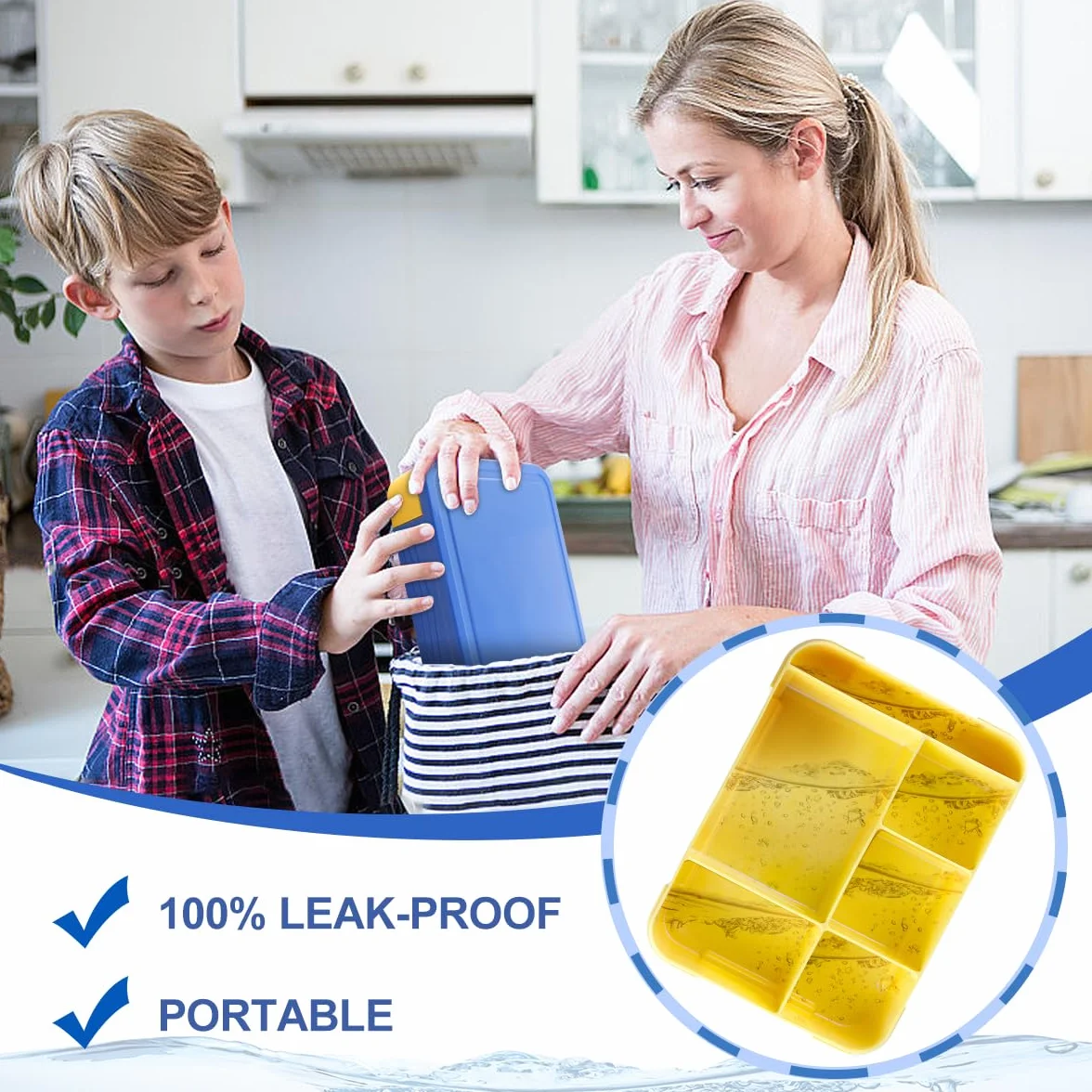 YC Kitchen pudełko śniadaniowe, 1200 ml, z 5 przegródkami, szczelny lunchbox Bento ze sztućcami, nadaje się do mikrofalówki i zmywarki (w kolorze niebieskim)