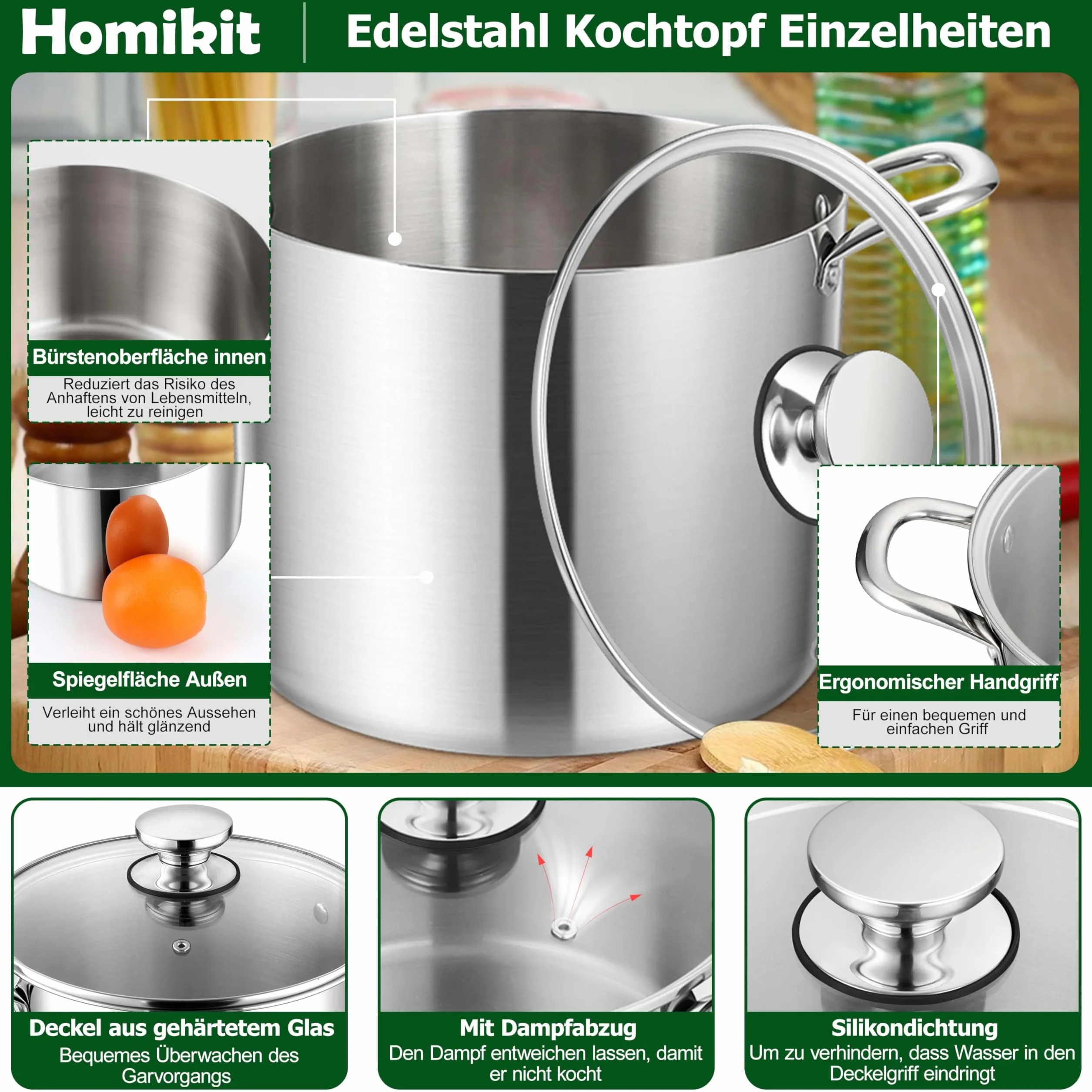 Homikit Garnek do gotowania 10 l, duży garnek do zupy, garnek indukcyjny z 3-warstwowej stali nierdzewnej, do wszystkich rodzajów kuchenek, stal nierdzewna, polerowana, garnek do mięsa ze szklaną