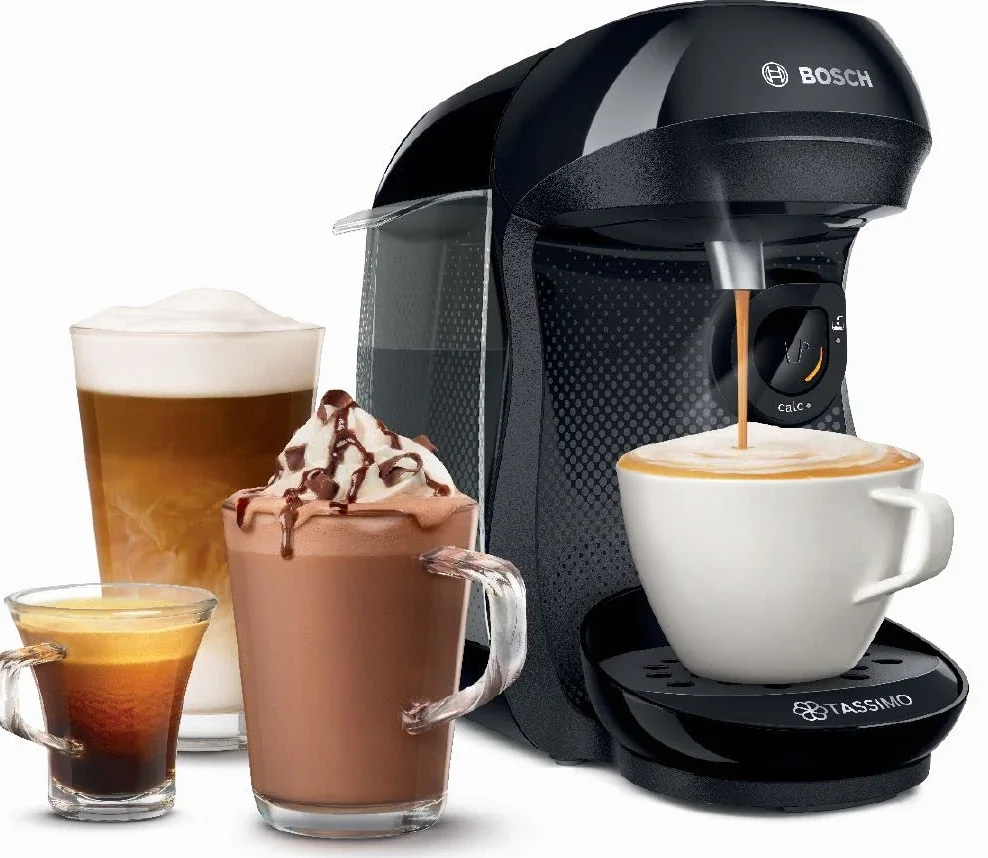Tassimo Happy TAS1002N ekspres do kawy firmy Bosch, ponad 70 napojów, w pełni automatyczny, nadaje się do wszystkich filiżanek, zajmuje mało miejsca, 1400 W, czarny/antracyt
