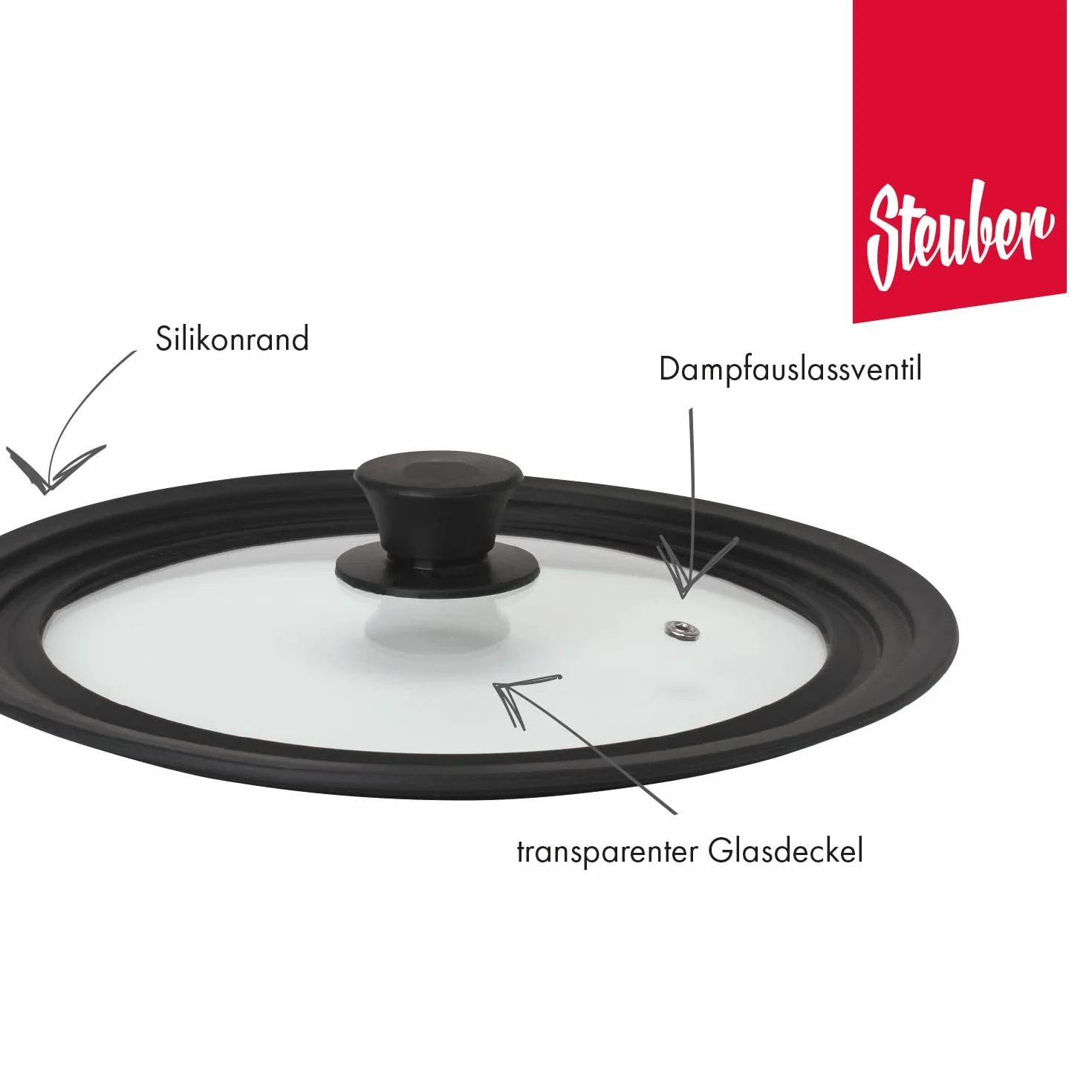 Steuber Uniwersalna szklana pokrywka z zaworem wylotowym i silikonową krawędzią do Ø 16/18/20 cm i Ø 24/26/28 cm, zestaw 2 szt
