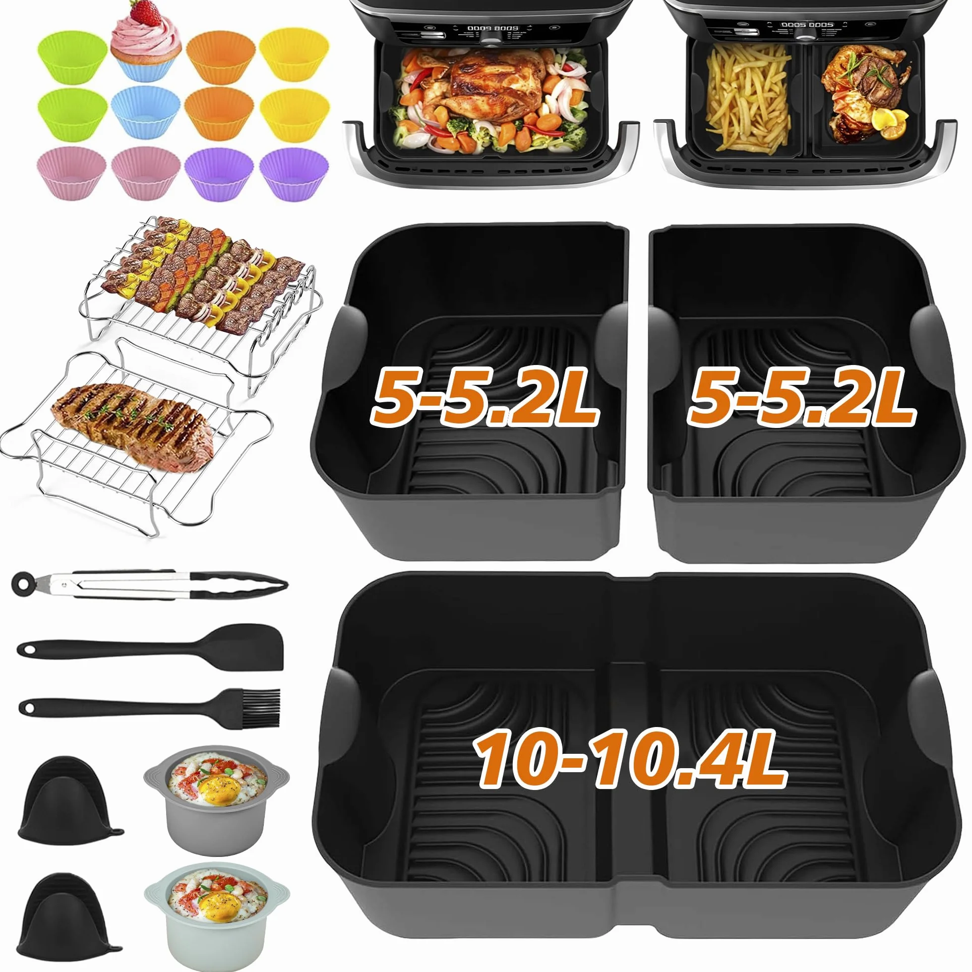 Pietuley 29 Sztuki Akcesoria do Frytkownicy na Gorące Powietrze do Ninja Foodi Dual Flexdrawer AF500EU 10,4 l, Airfryer Akcesoria do Cosori Dual Blaze 10 l, Silikonowa Forma do Pieczenia do Airfryer