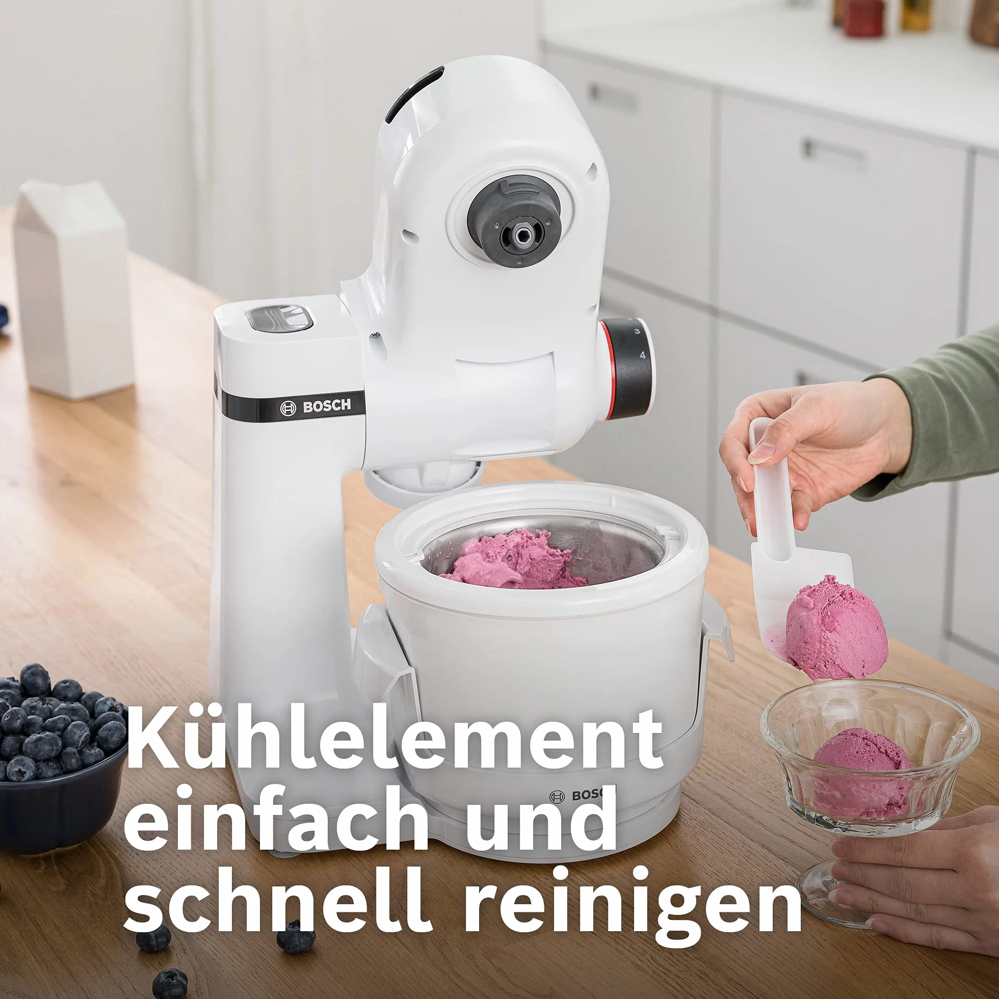 Bosch Maszyna do lodów MUZS2EB, 550 ml, samodzielnie wykonane lody, sorbet i mrożony jogurt, biała, pokrywka chroniąca przed rozpryskiwaniem z otworem do napełniania, pasuje do robota kuchennego Bosch