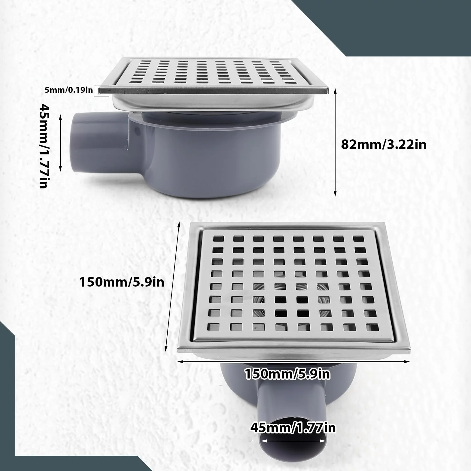 LIROPAU odpływ prysznicowy ze stali nierdzewnej 15 * 15 cm, odpływ podłogowy ze stali nierdzewnej z zamknięciem zabezpieczającym przed przykrymi zapachami i odpływem z sitkiem na włosy, syfon 360°
