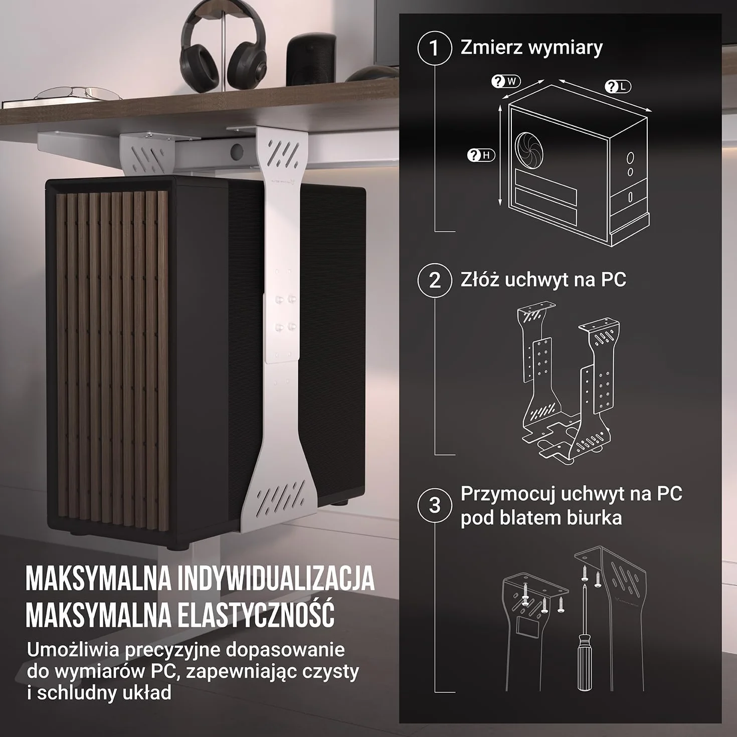 Uchwyt do komputera pod biurko – uchwyt pod biurko do dużych obciążeń – nośność do 35 kg – regulowany uchwyt na komputer (biały)