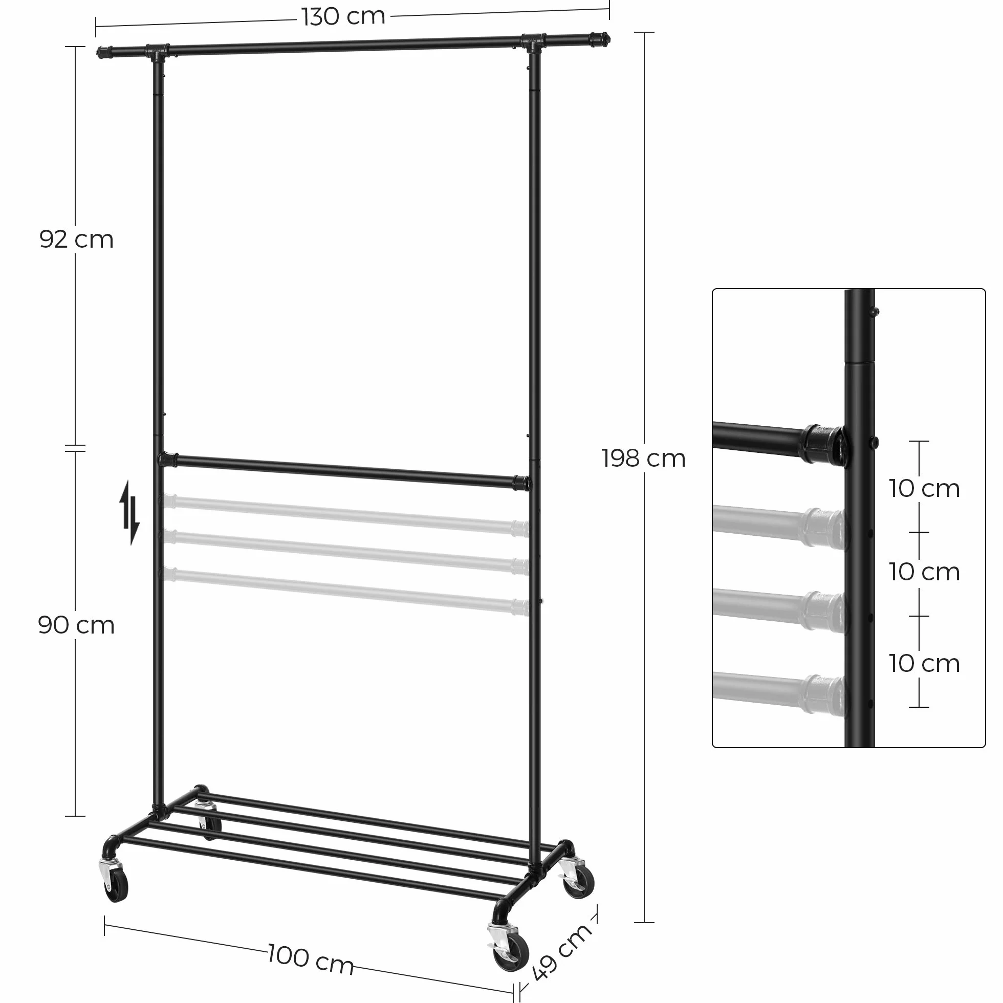 SONGMICS Wieszak na ubrania w stylu przemysłowym, obciążenie do 110 kg, wieszak garderobiany na kółkach, 2 drążki na ubrania, wykonany z metalu, bardzo wytrzymały, prezentacja w sklepie, czarny