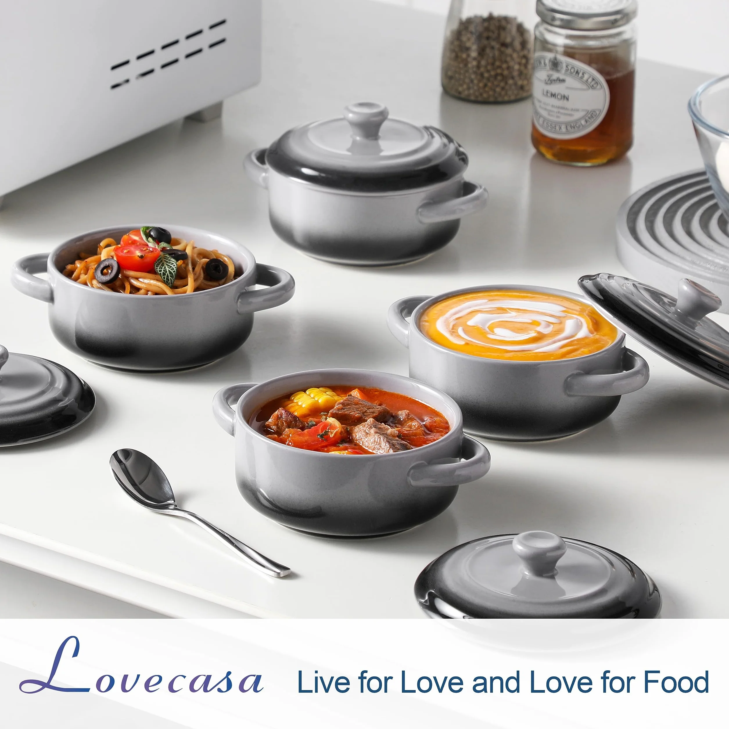LOVECASA Małe naczynie do zapiekania do piekarnika, ceramiczny mini zestaw koktajli 350 ml, francuskie miski do zupy cebulowej z pokrywkami i uchwytem, ramekiny do gulaszu, lasagne, zestaw 4 szt