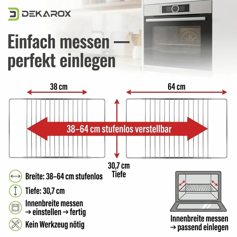 Uniwersalna kratka do pieczenia, wysuwana, 38-64 cm × 30,7 cm – chromowana, nierdzewna, pasuje do Bosch, Siemens, AEG, Neff i wielu innych