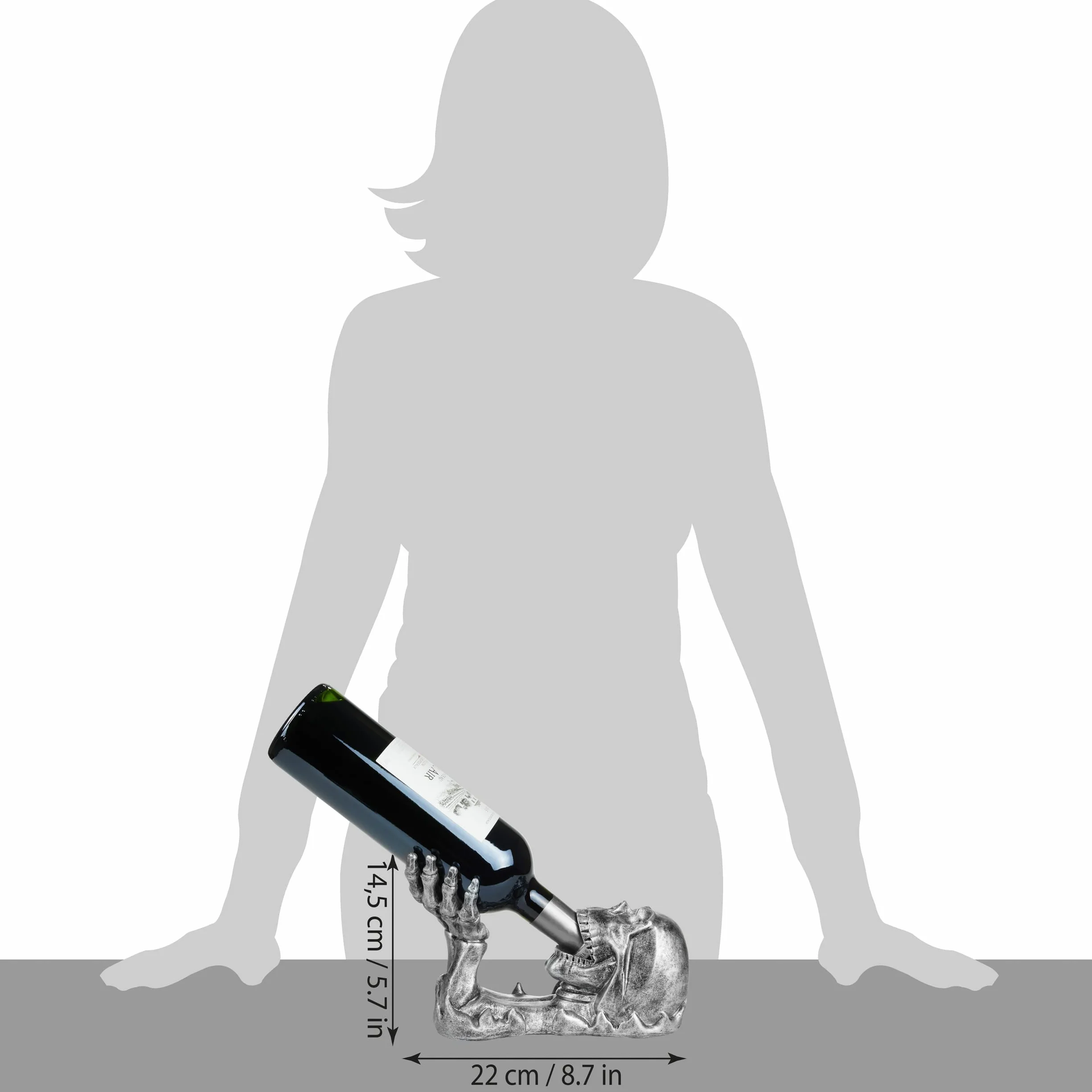 BRUBAKER Uchwyt na butelkę wina czaszka - uchwyt na butelkę do picia czaszka ze szkieletem ręka srebrny - stojak na butelkę Deco Figurka ręcznie malowane akcesoria do wina - śmieszna dekoracja