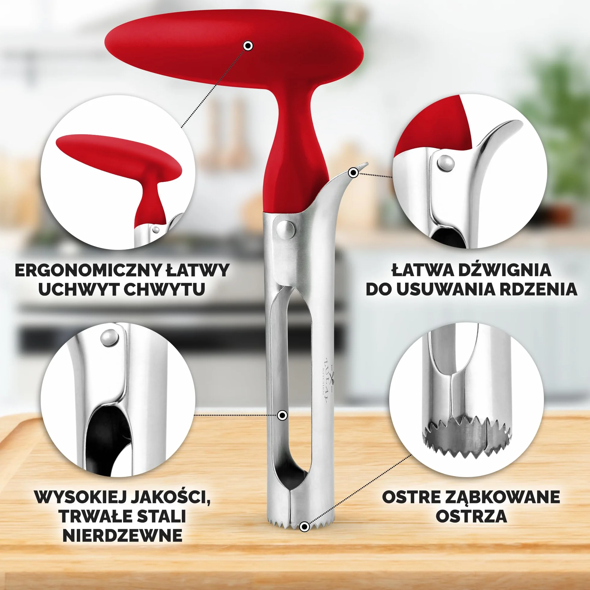 Zulay Premium Corer do jabłek, łatwy w użyciu, trwały, do jabłek, gruszek, papryki, stal nierdzewna, czerwony