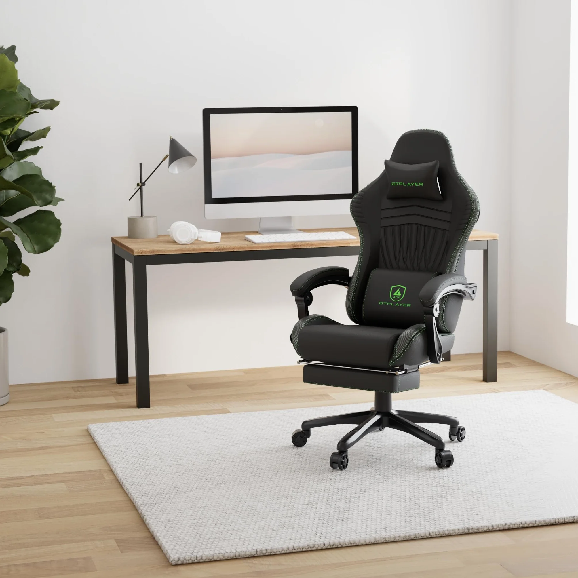 GTPLAYER Ergonomiczne krzesło do gier z podnóżkiem, głośnik, muzyka, maksymalne obciążenie: 150 kg, czarny/zielony