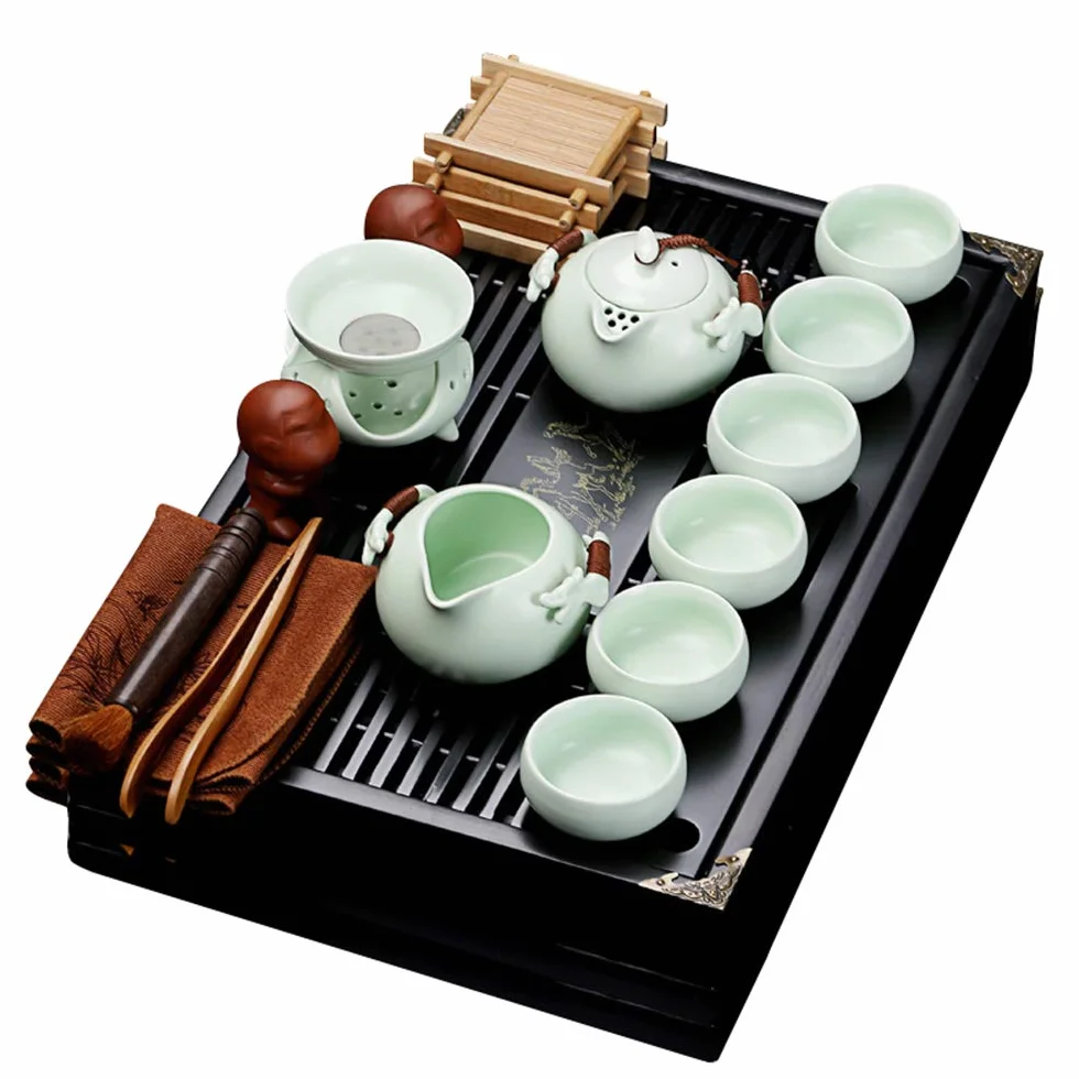 fanquare Chiński ceramiczny zestaw do herbaty kung fu z tacą do herbaty i małymi narzędziami do herbaty, porcelanowy serwis do herbaty, jasnozielony