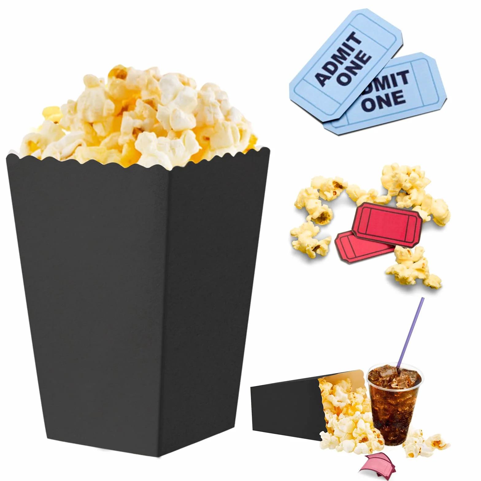 Pudełko z popcornem, cukierkami, pudełkami na przekąski i do kina, retro, urodzinowego wesela (czarne)