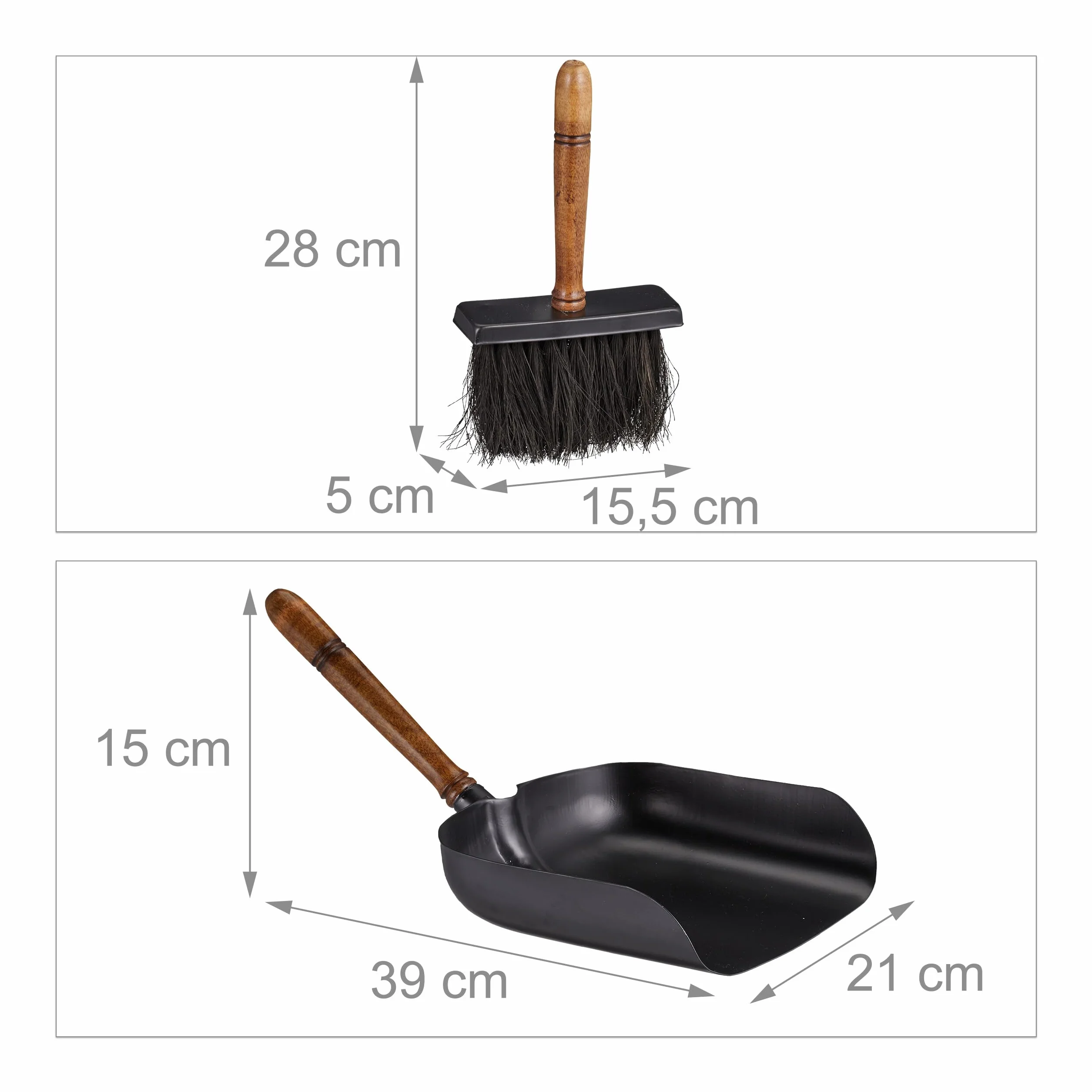 Relaxdays Zestaw do zamiatania do pieca kominkowego, blachy, zamiatarki ręcznej, żelaza i uchwytu drewnianego, z juty, zestaw kominkowy, czarny/brązowy
