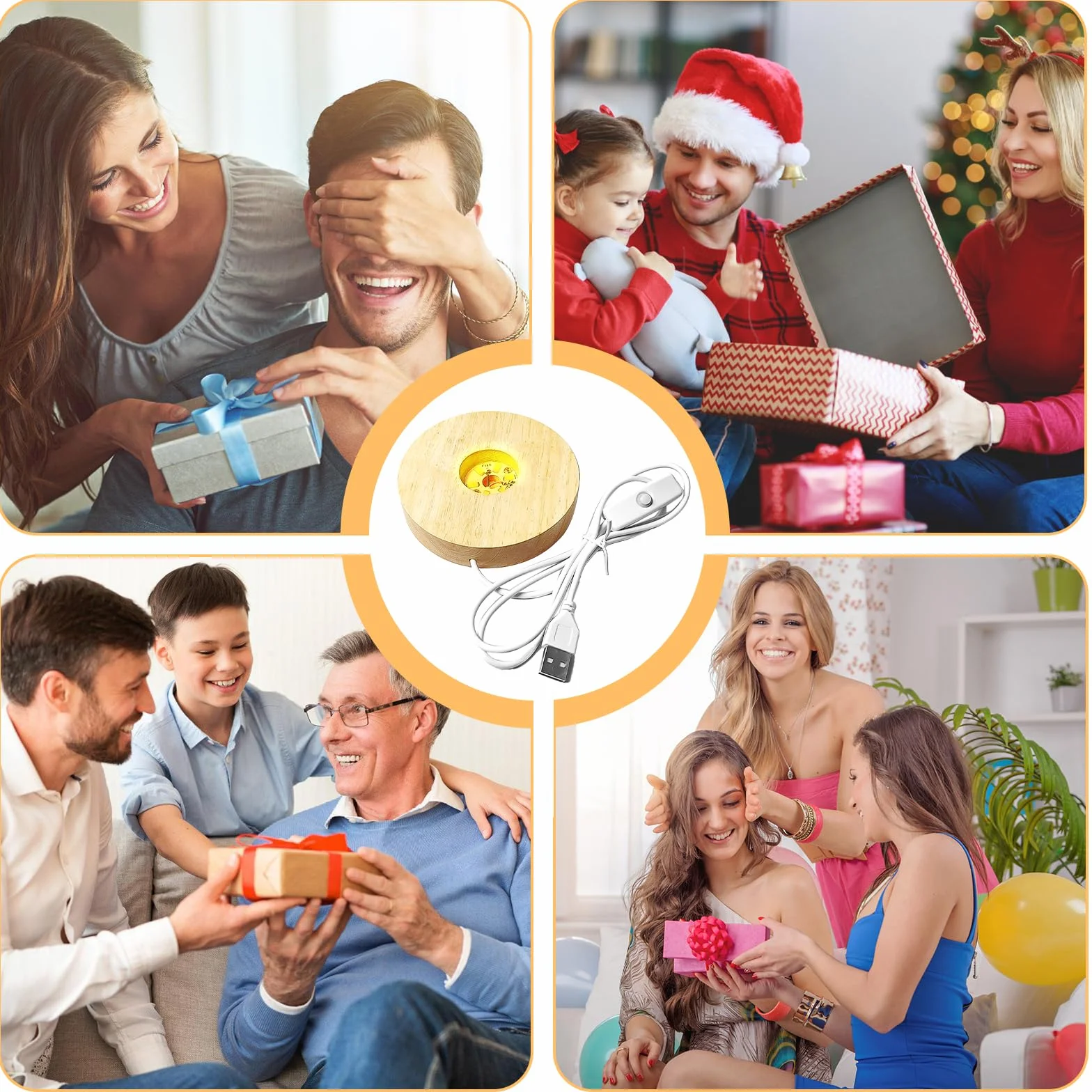 GOMETY Drewniana podstawa świetlna LED, USB LED do szkła akrylowego, ciepły kolor, drewniana podstawa LED, kwadratowa/okrągła, podstawa wyświetlacza do soczewek kryształowych, szkła, akrylu,