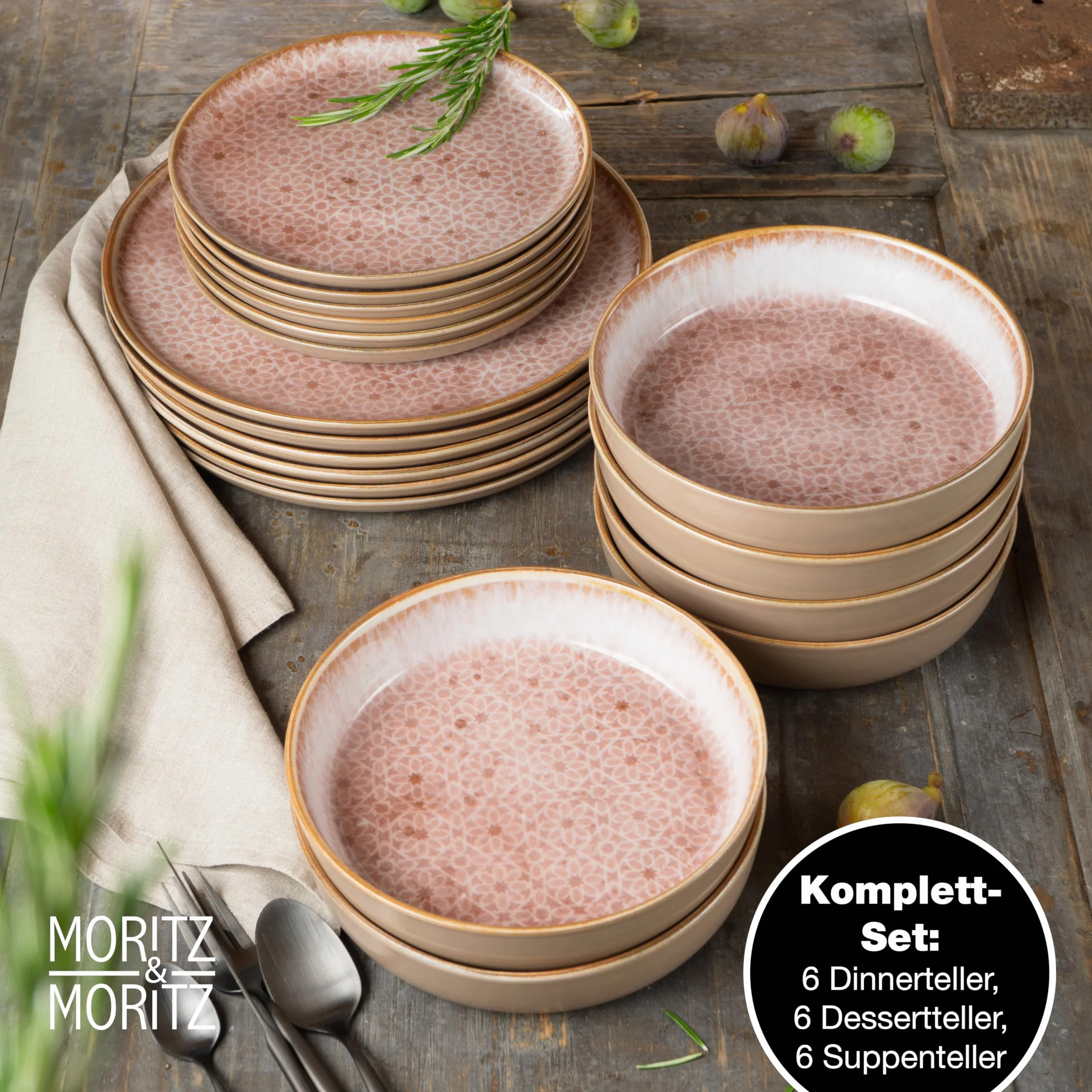 Moritz & Moritz TERRA 18-częściowy zestaw naczyń dla 6 osób – zestaw talerzy w delikatnym różowym kolorze z wysokiej jakości porcelany – zestaw naczyń dla 6 osób, każdy po 6 talerzy obiadowych,