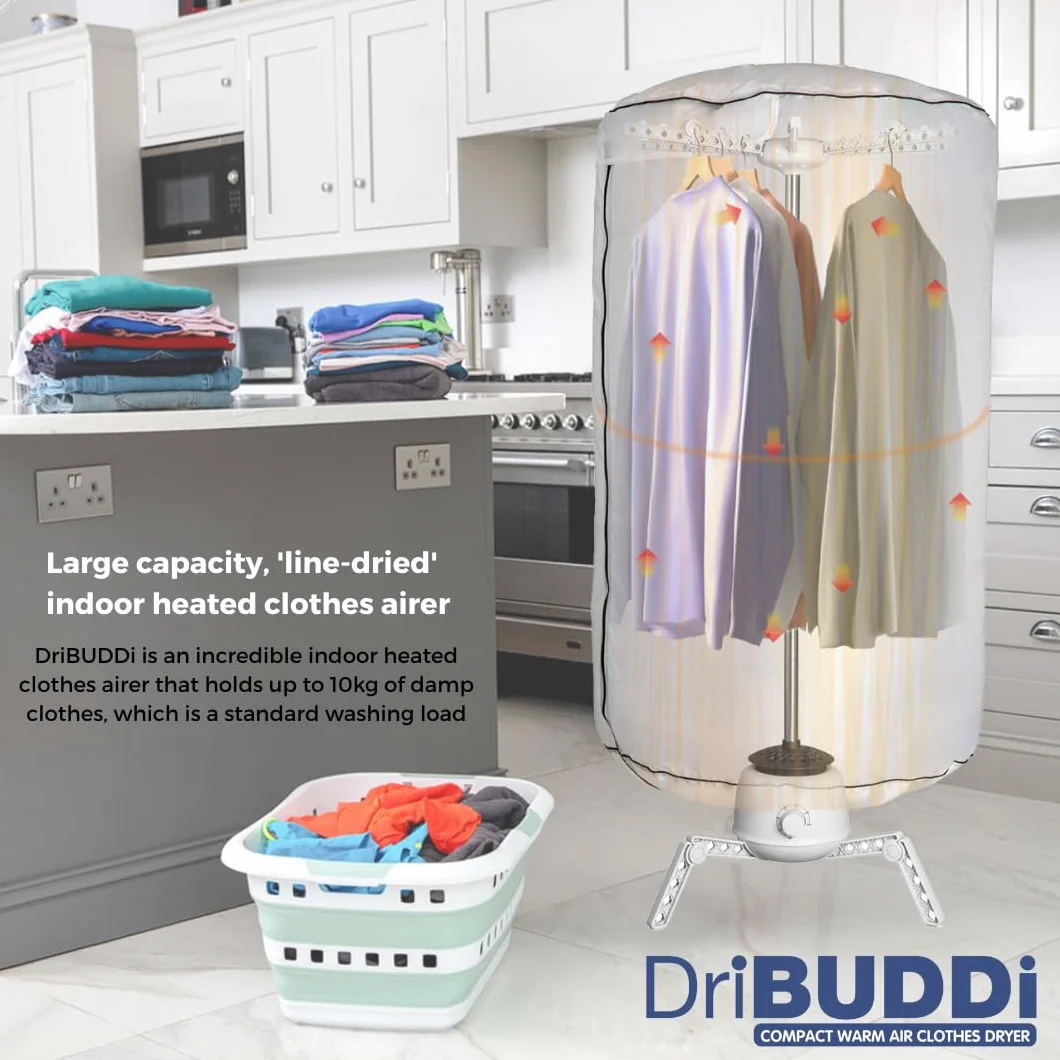 DriBUDDi Compact, elektryczna i przenośna suszarka do ubrań | 850 W, pojemność 10 kg, delikatne suszenie bez zagnieceń, oszczędność energii (nowy projekt 30% bardziej wydajny)
