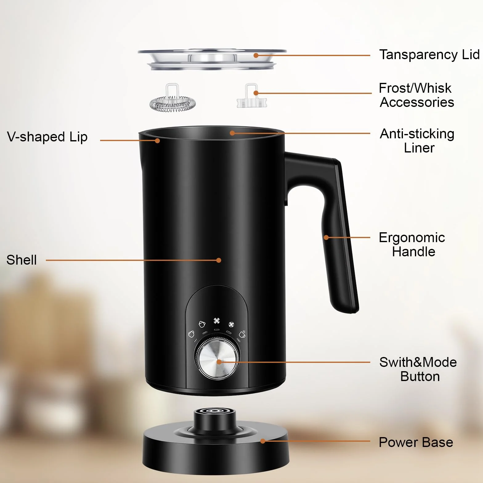 ERWEY Elektryczny spieniacz do mleka 5 w 1, automatyczny spieniacz do mleka, 350 ml, gorące zimne mleko z powłoką zapobiegającą przywieraniu, sterowanie jednym kliknięciem do czekolady, biały