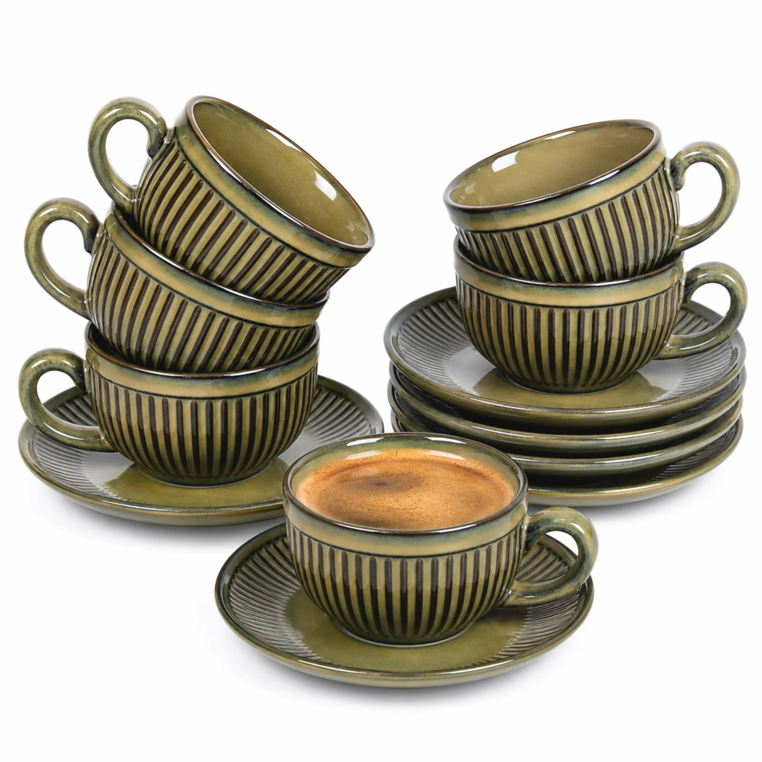 Zestaw filiżanek do espresso z spodkami 6 x 100 ml - grubościenne filiżanki do kawy z uchwytem - ręcznie robione