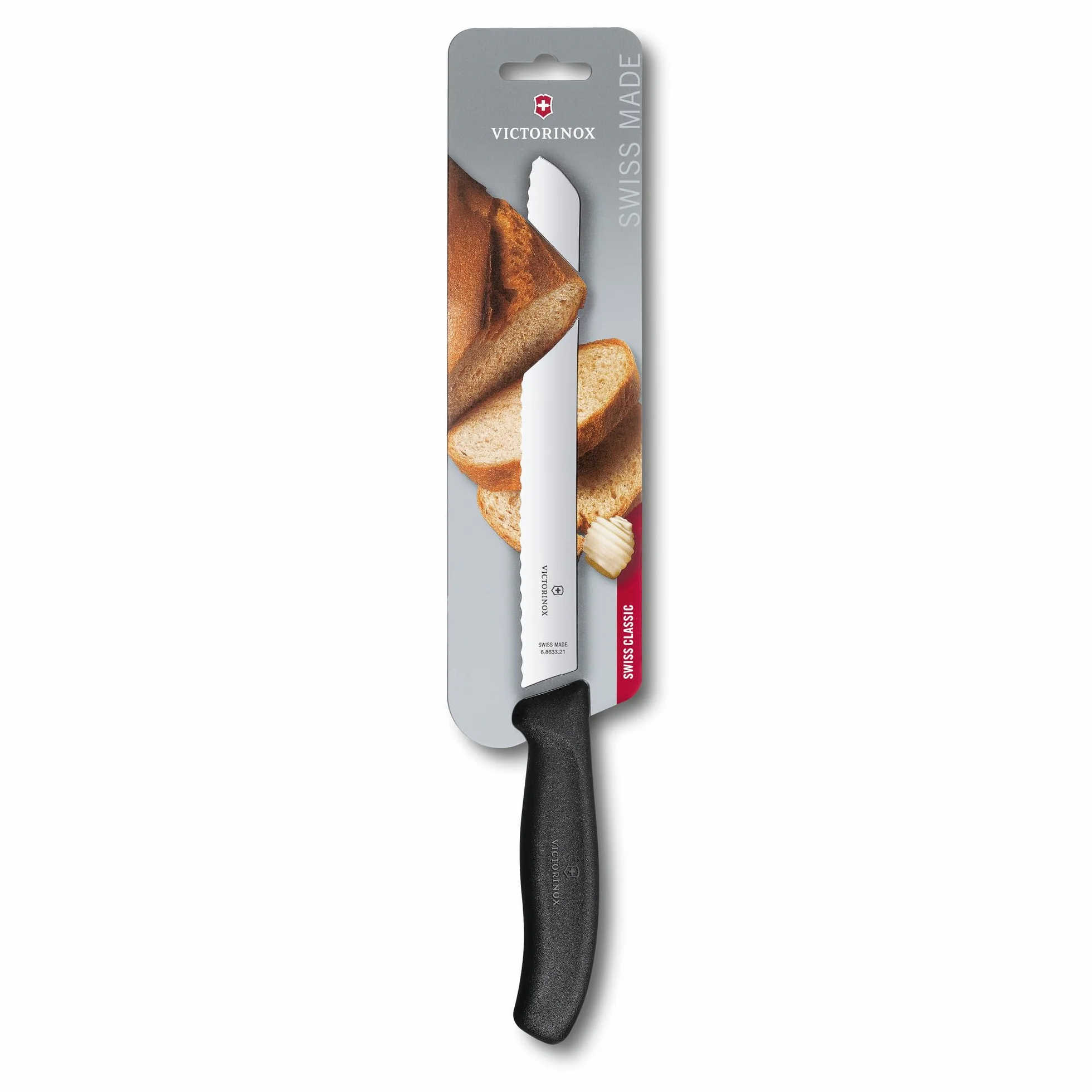 Victorinox, 6.8633.21B, Swiss Classic, Brotmesser, Extra scharfe Klinge, mit Wellenschliff, robuster Kunststoff-Griff, Schwarz, Made in Switzerland, Spülmaschinengeeignet