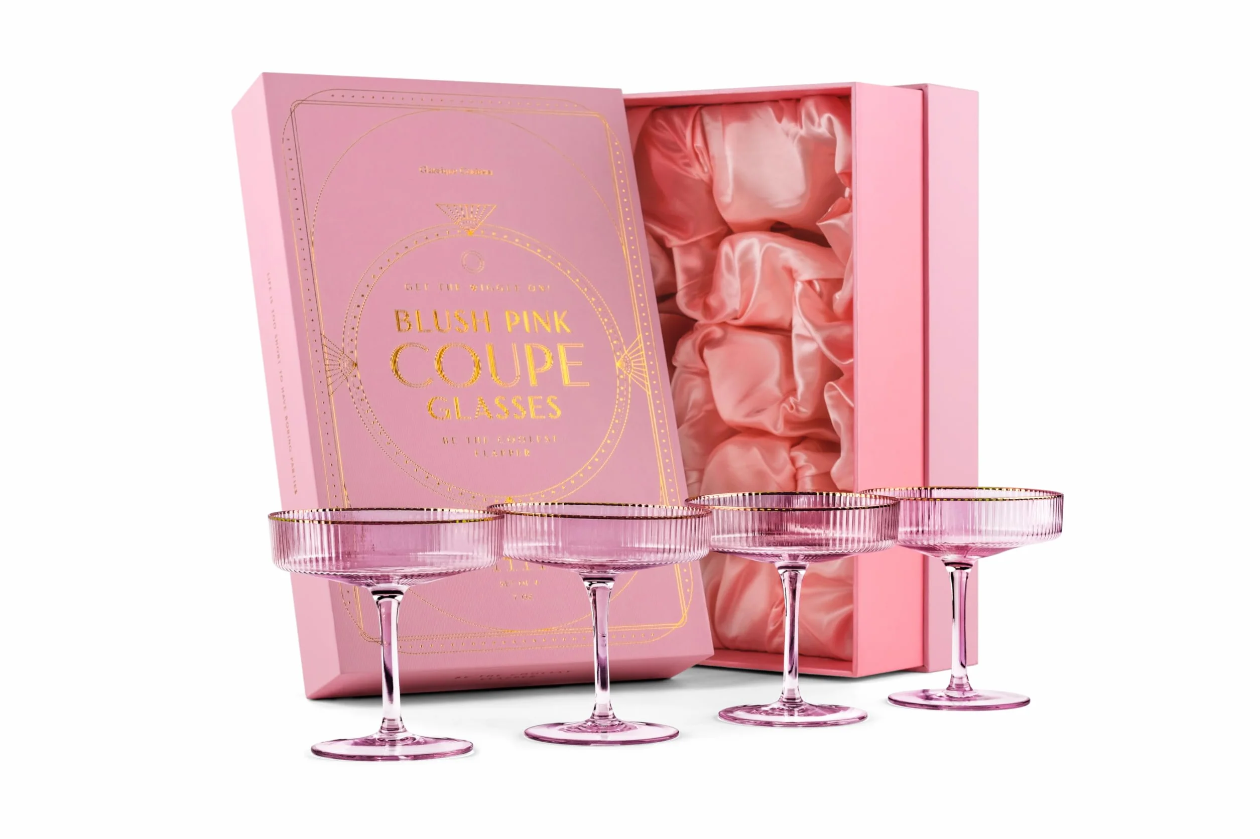 Coupe Prążkowane szklanki do koktajli w delikatnym różowym kolorze ze złotą krawędzią w stylu vinatge, art deco, 4 sztuki, 200 ml do szampana, espresso Martini, Cosmopolitan, Daiquiri, kryształowe