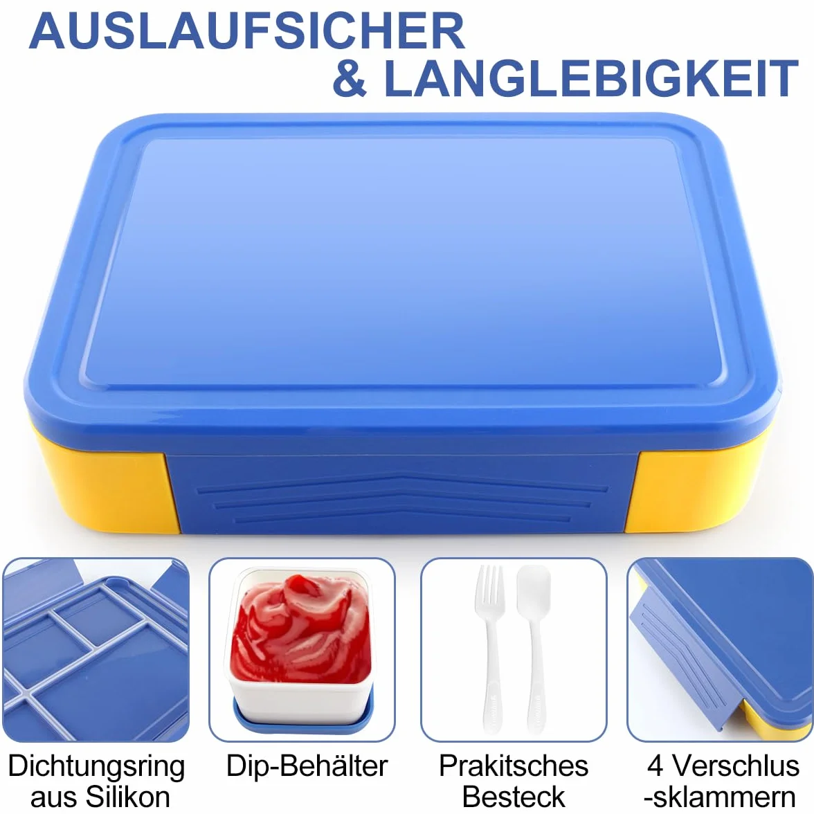 YC Kitchen pudełko śniadaniowe, 1200 ml, z 5 przegródkami, szczelny lunchbox Bento ze sztućcami, nadaje się do mikrofalówki i zmywarki (w kolorze niebieskim)