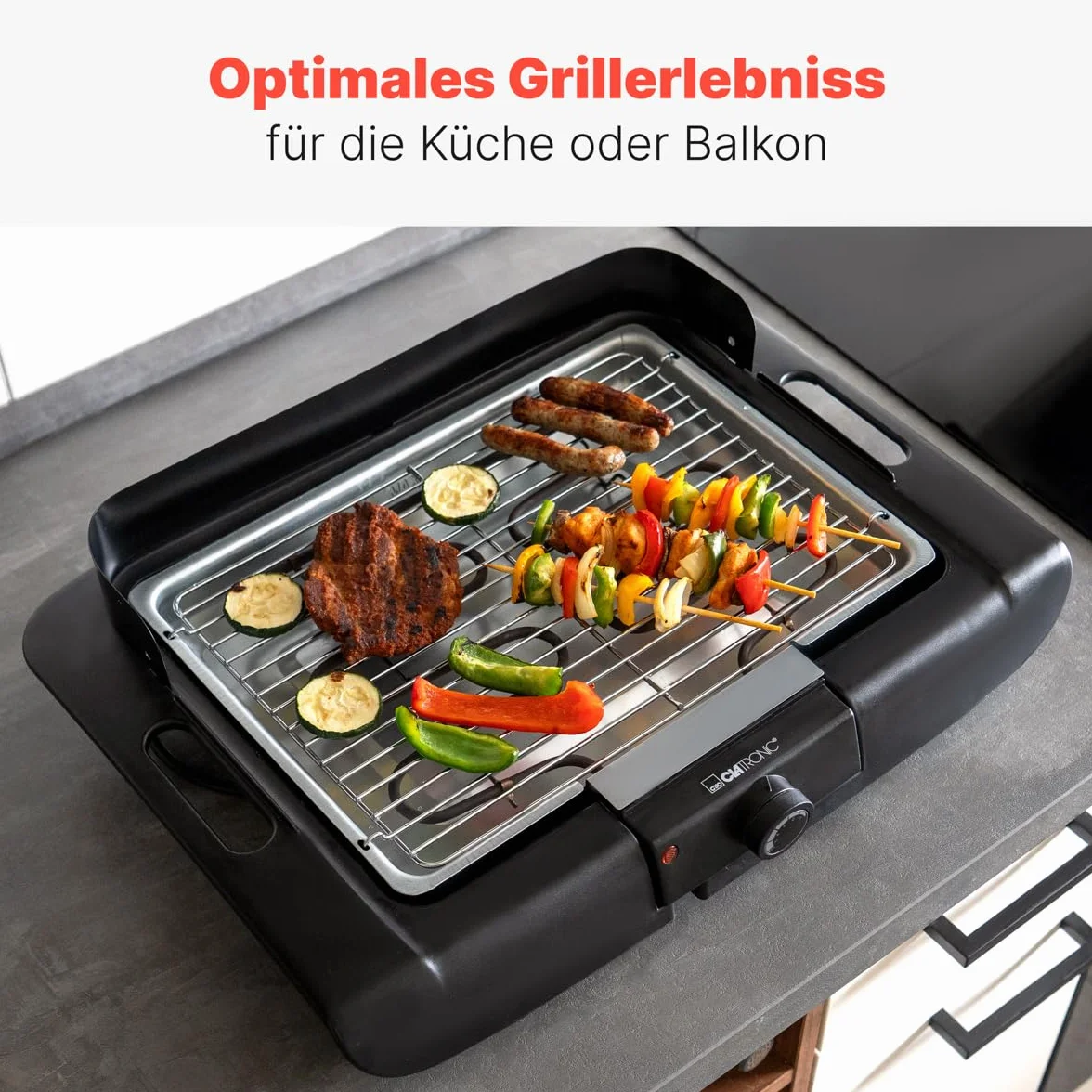Clatronic BQ 3507 grill stołowy, chromowany ruszt do grilla, metalowa tacka na wyłapywanie, ochrona przed wiatrem, obudowa Cool Touch, czarny, 2000 W