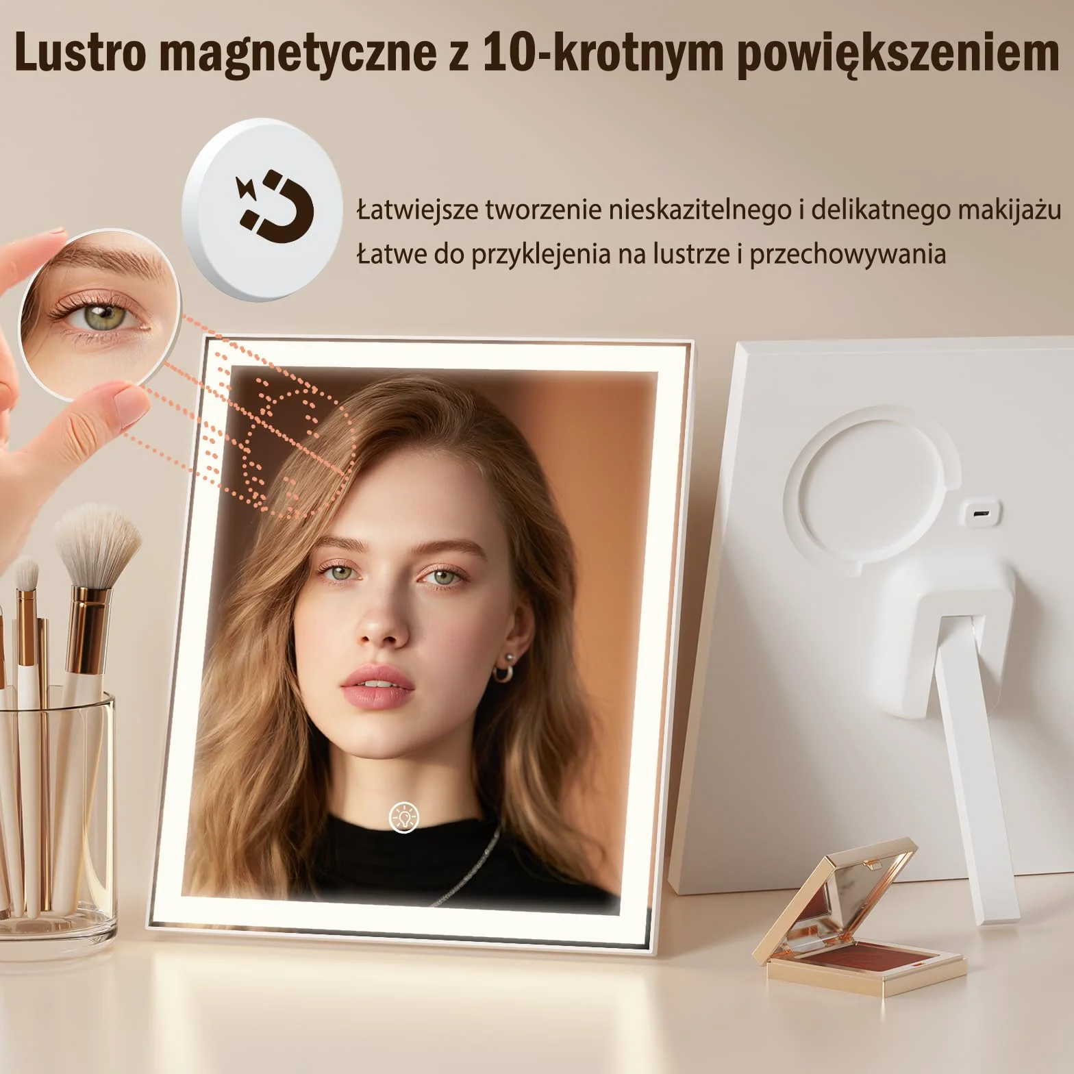 ANTENLICHT Lusterko do makijażu z oświetleniem, możliwość ściemniania, 10-krotne powiększenie, 3-kolorowe lustro toaletkowe z oświetleniem, nowoczesne lusterko kosmetyczne z dotykowym sterowaniem, 30