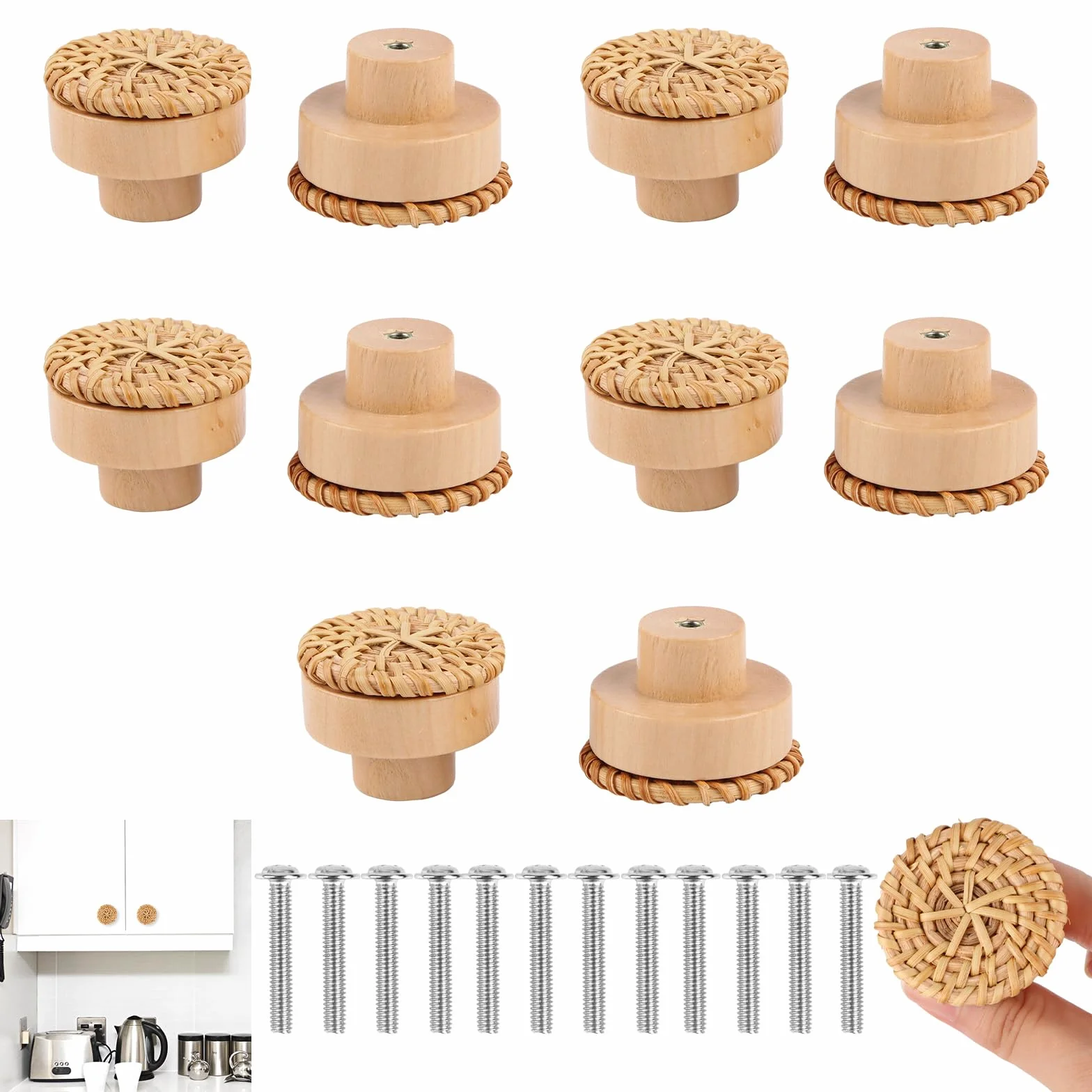Gałki do szuflad 10 sztuk, uchwyty kuchenne rattanowe uchwyty do szafek 40 mm gałki i uchwyty drewniane gałki do szafki rattanowe uchwyty do szuflad, kuchni, szaf, mebli, kredensu (Φ40mm)