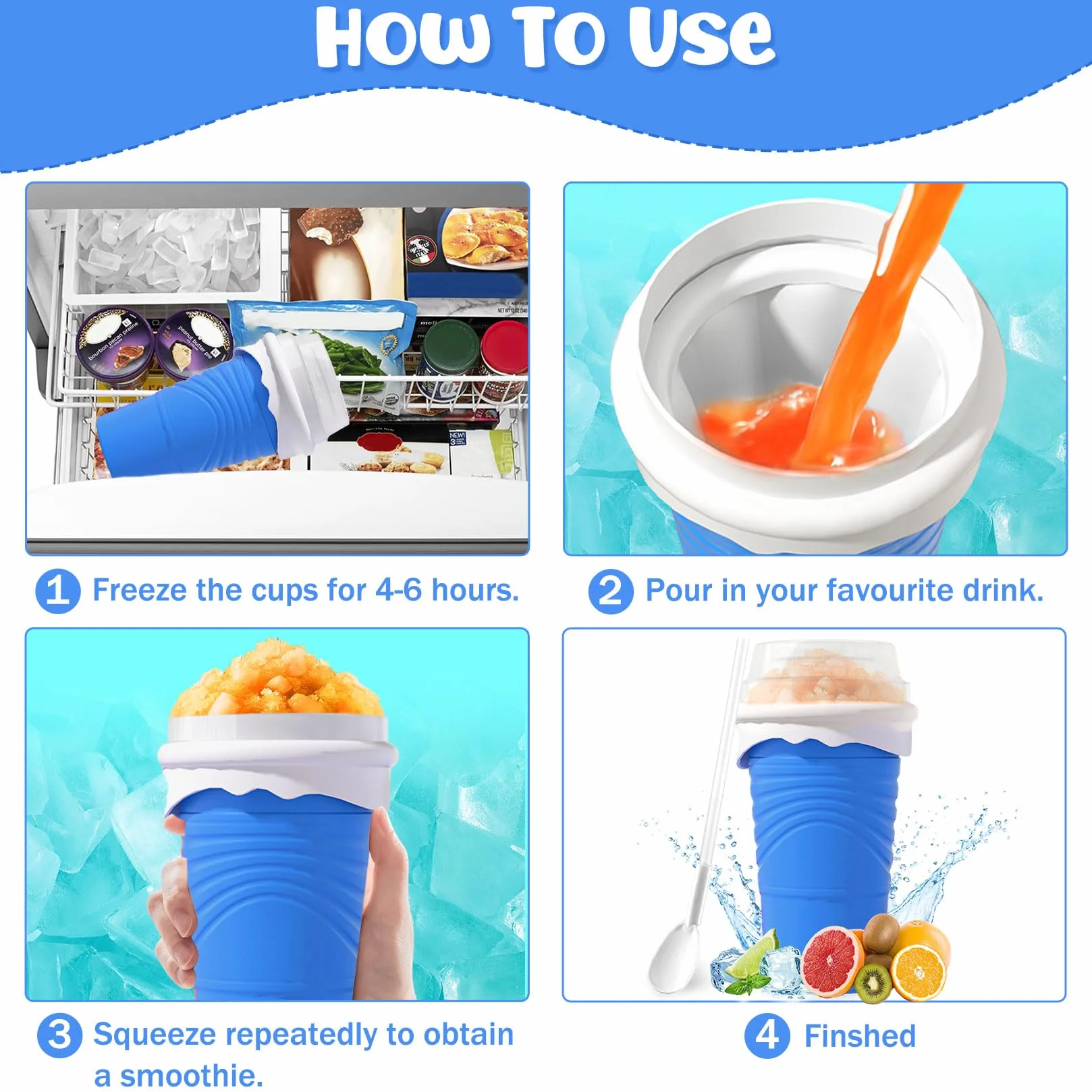 Herbst Slushy Maker silikonowy kubek 500 ml z łyżeczką ze słomką niebieski