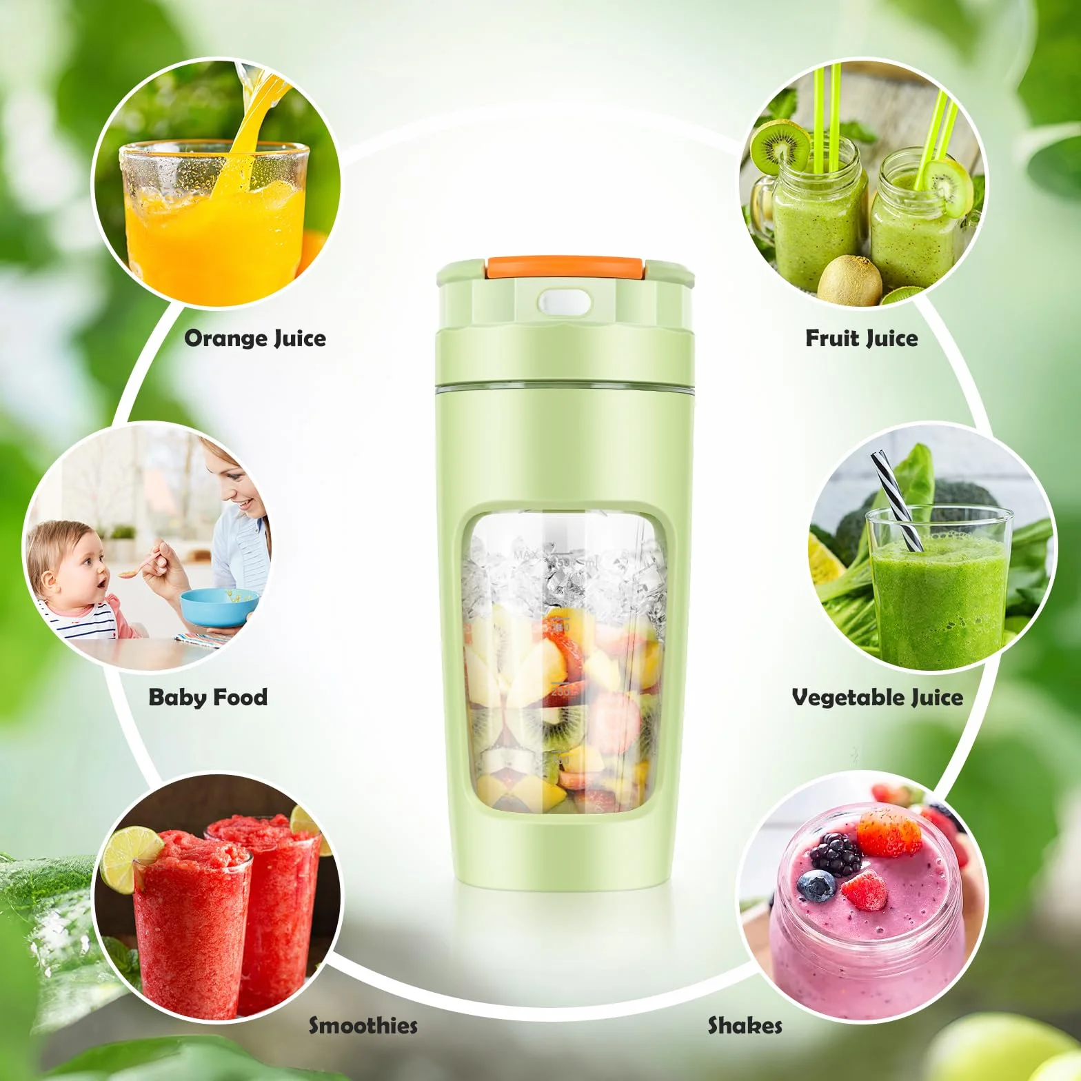 Lekki Przenośny Blender, ręczny mikser do owoców o pojemności 600 ml, mocny bezprzewodowy mini blender, z możliwością ładowania, smoothie, koktajle białkowe, kruszy lód i mrożone owoce (Zielony)