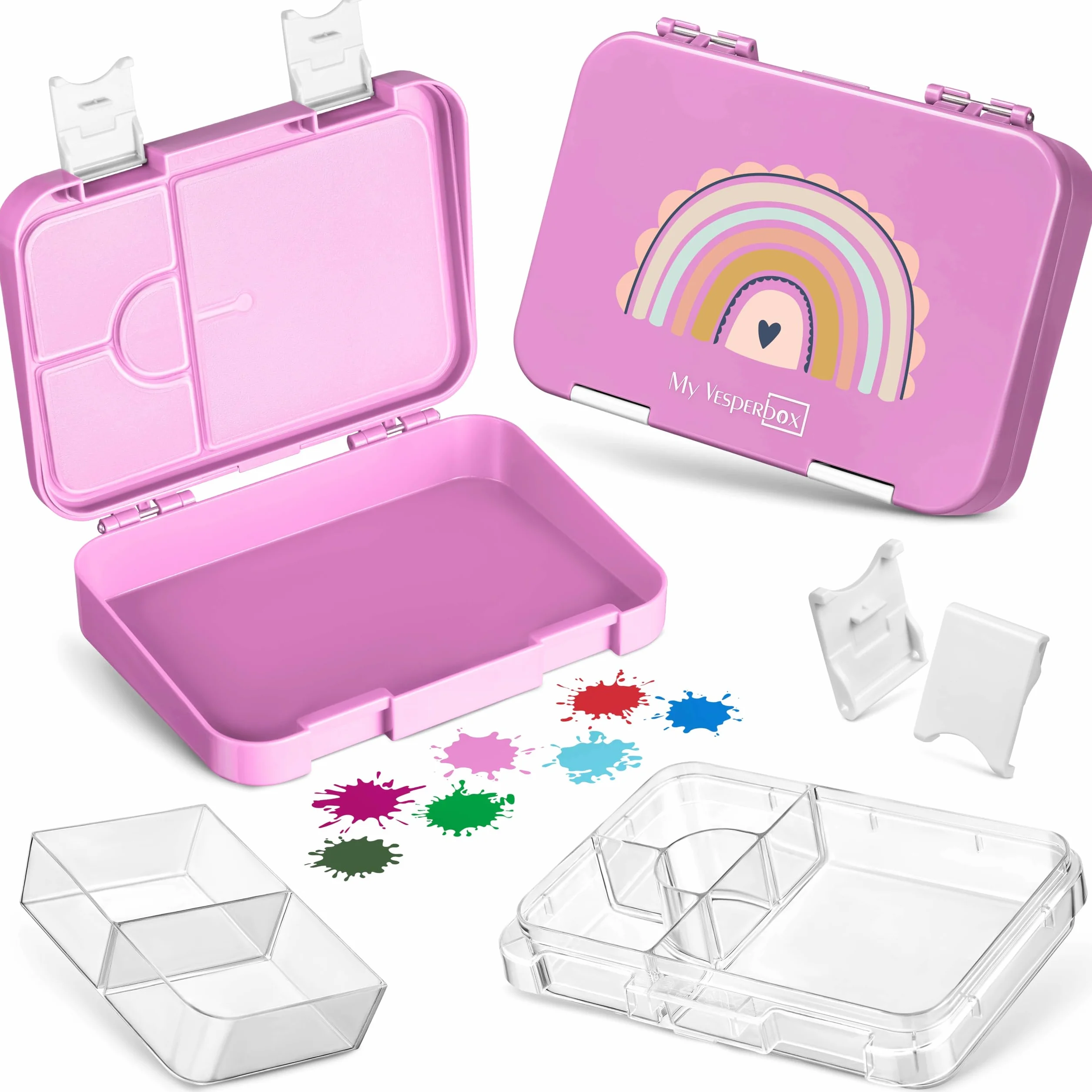 My Vesperbox Len Bento Box pudełko na lunch dla dzieci, 4 + 2 przegródki, bardzo wytrzymałe pudełko na kanapki, idealne do przedszkola i szkoły (różowy, tęcza)