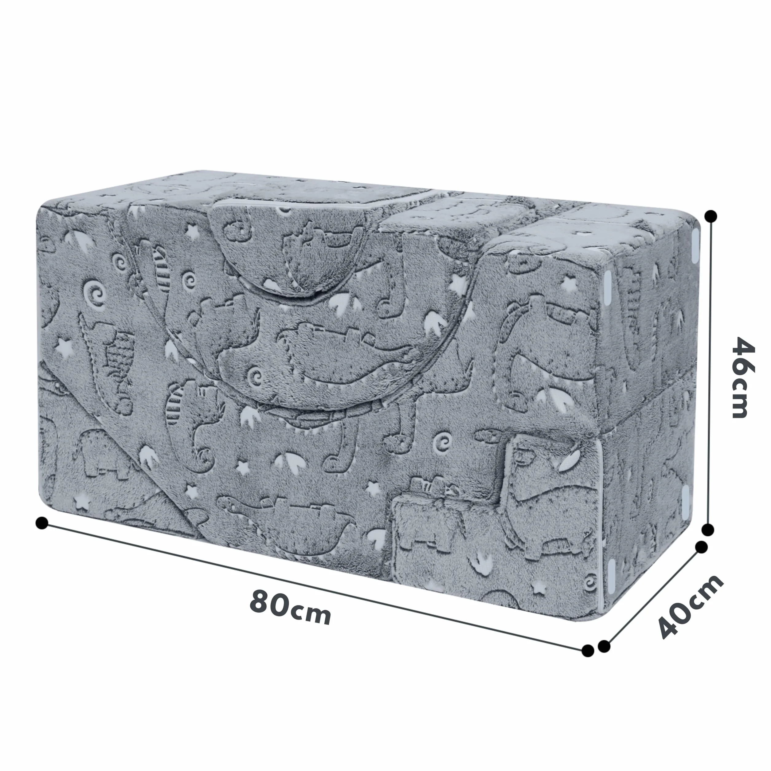 MeMoreCool Modułowa sofa dziecięca z pianki, rozkładany mebel do pokoju dziecięcego z funkcją siedzenia i leżenia, miękka mini sofa ze zdejmowanym pokrowcem, szary dinozaur