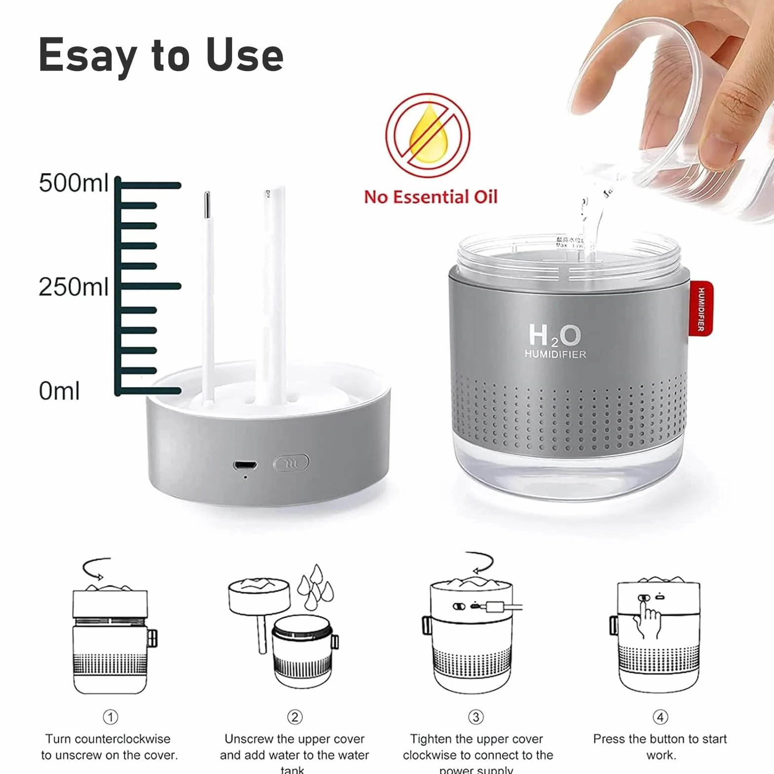 Nawilżacz powietrza ultradźwiękowy 500 ml USB cichy przenośny 2 filtry