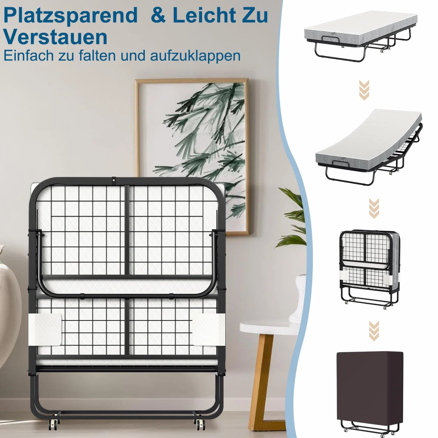 ISOSIL Łóżko składane 90x200cm dla gości, składane z 13CM materacą z pianki, składane łóżko z metalową ramą, łoże składane z kółkami, składane metalowe łóżko o ładowności 200 kg, szczotkowane