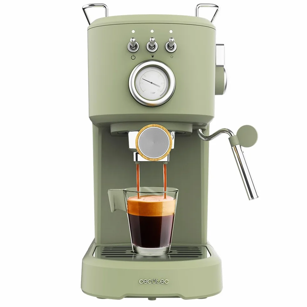 Cecotec Espresso Compact Ekspres do kawy Power Espresso 20 Retro Zielony. 1100 W, 20 barów, możliwość sterowania parą, ramię uchwytu filtra z podwójnym wyjściem i 2 filtry, 1,25 l