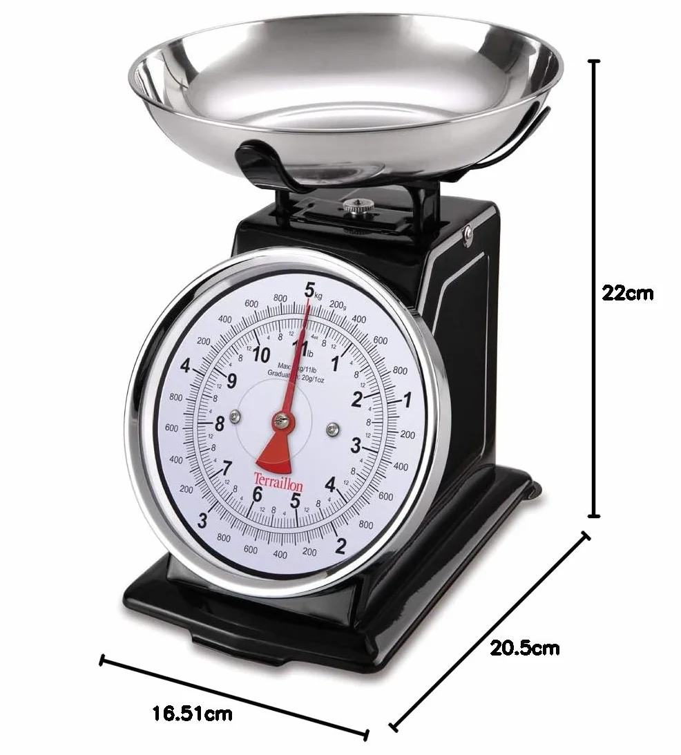 Terraillon Tradycyjna waga kuchenna, ręczna tara, duża tarcza, pojemność 5 kg, tradycja 500 - czarna