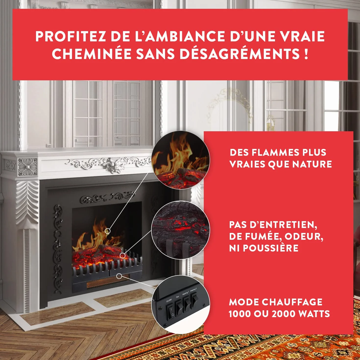 CHEMIN'ARTE Elektryczny kominek z efektem płomieni XL + ogrzewanie 2000 W – diody LED – zaprojektowany we Francji – 67 x 23 x 24 cm – 2 lata gwarancji