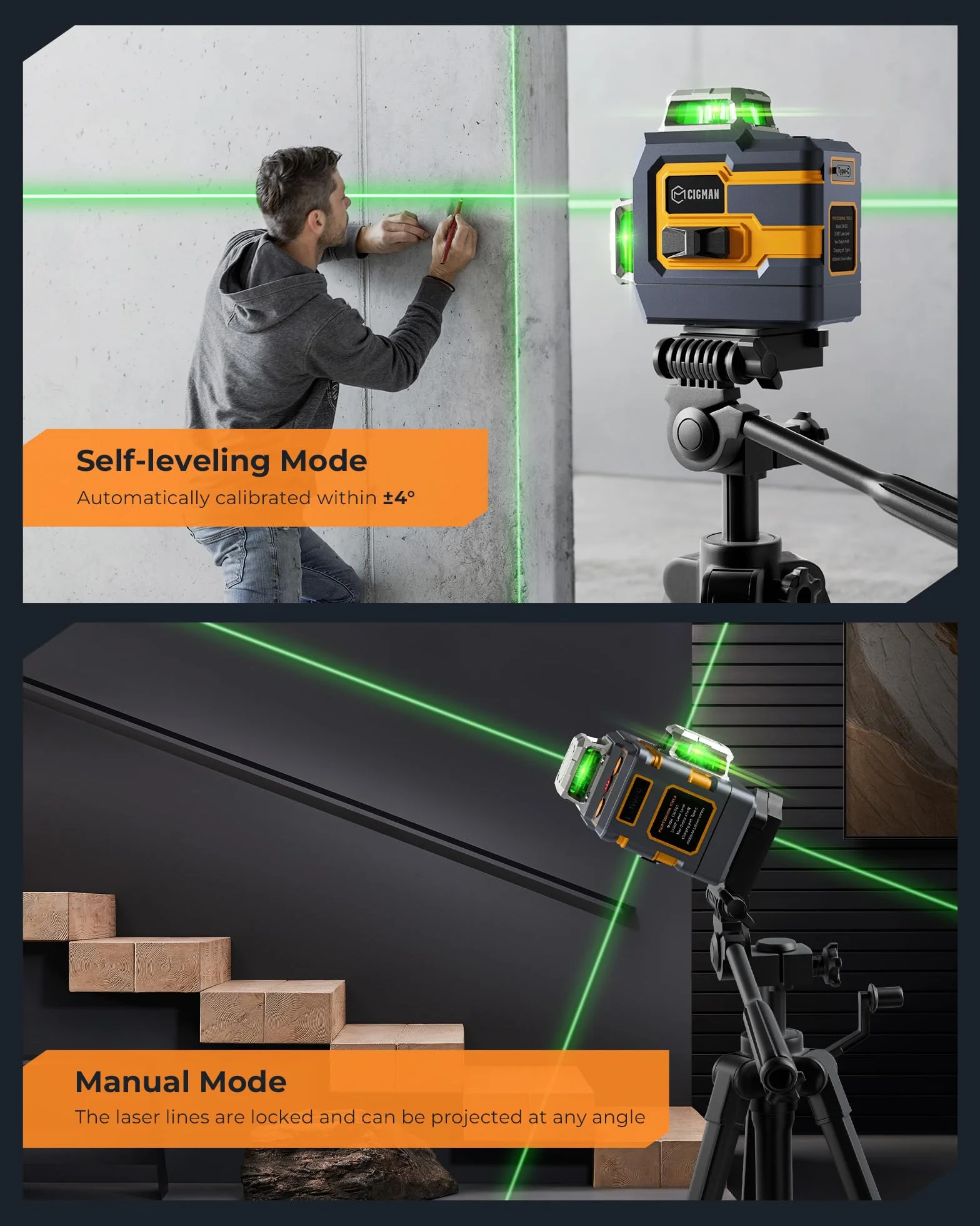 Laser krzyżowy, Cigman App Inteligentna kontrola 3x360 stopni samodzielna laserowa skala wody laserowej, z akumulatorami litowymi, laserowym laserowym zielonym laserowym zielonym do użytku (CM-S01)
