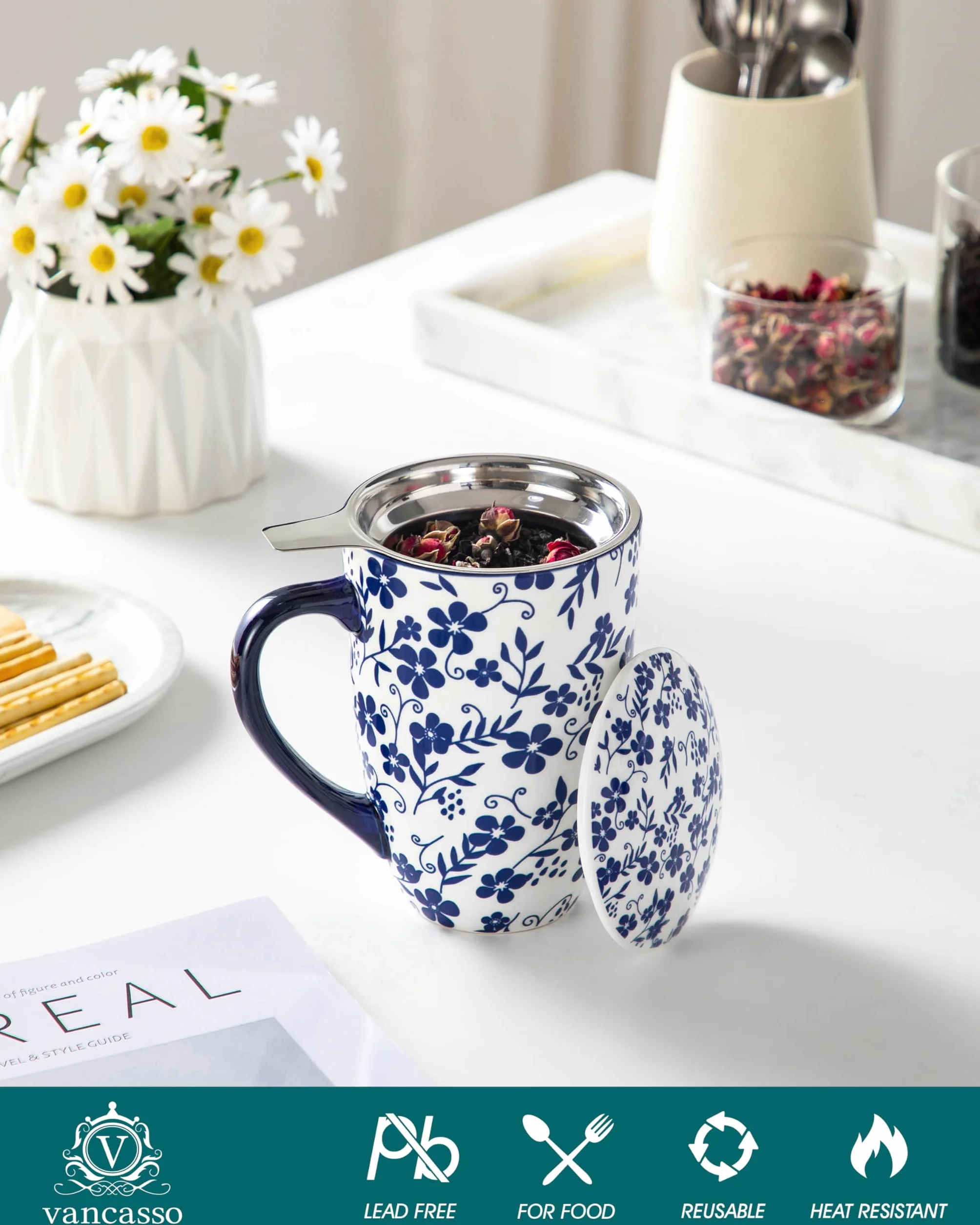 Vancasso SELENE Porcelanowy kubek do herbaty z zaparzaczem i pokrywką Steeps Loose Leaf Tea Type 01