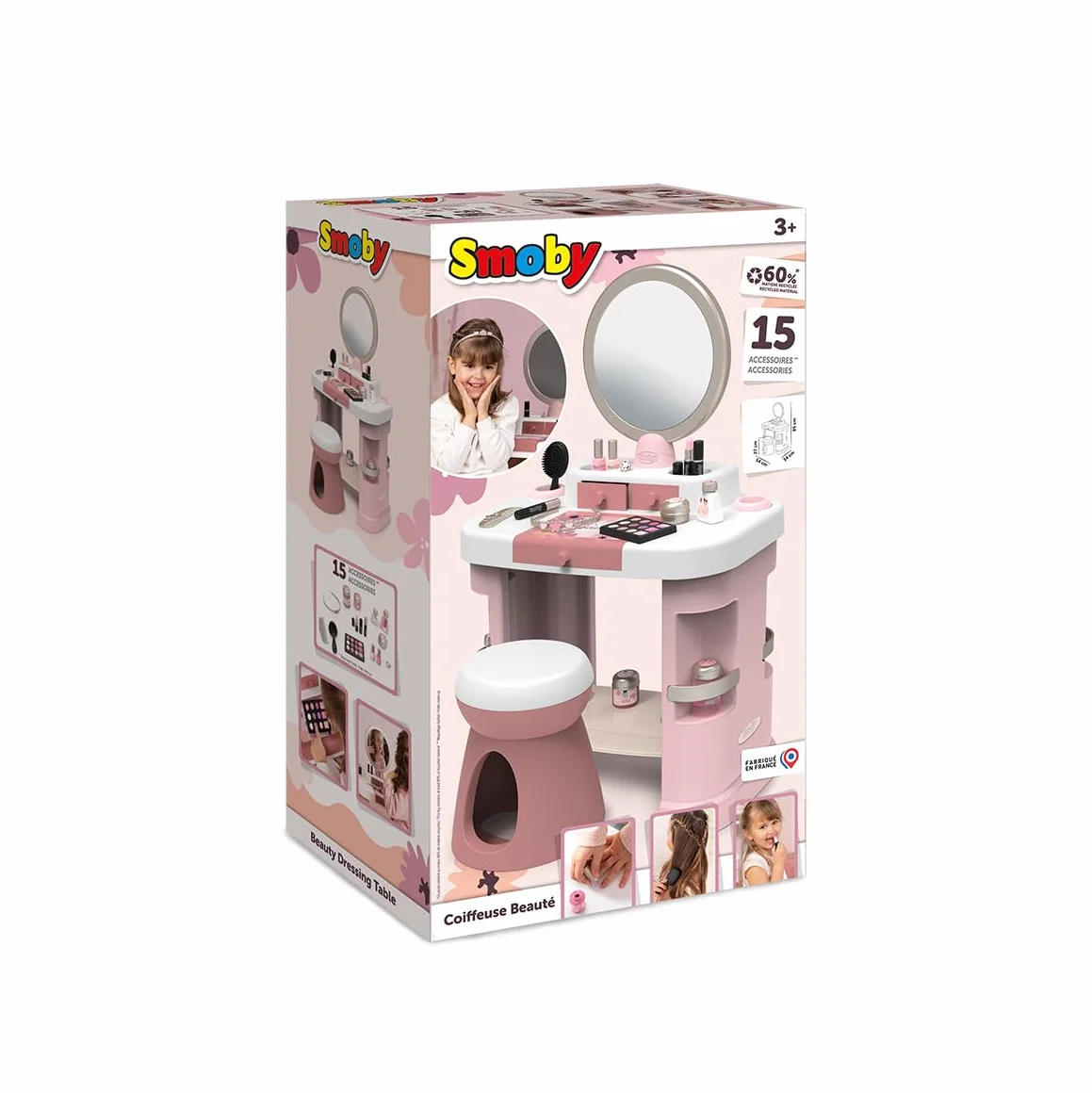 Smoby - My Beauty Dressing Table - Fryzjerstwo, Salon kosmetyczny, Zestaw do makijażu - Lustro, Przechowywanie - 15 akcesoriów - Materiał z recyklingu - Od 3 lat - Wyprodukowano we Francji