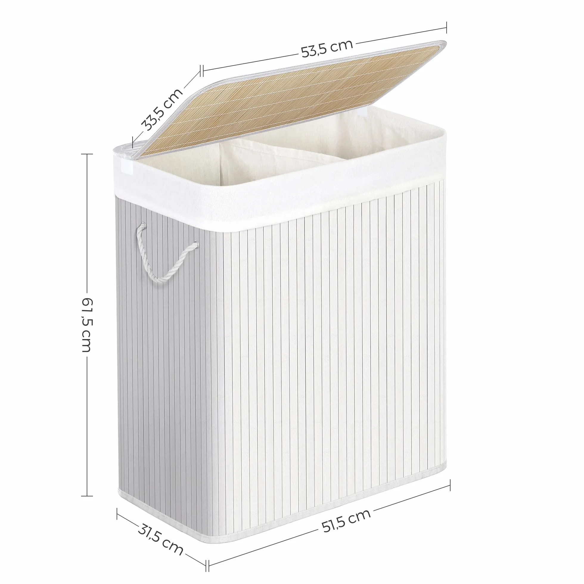 SONGMICS Kosz na bieliznę bambusowy 2 przegródki 100 l biały LCB64WT