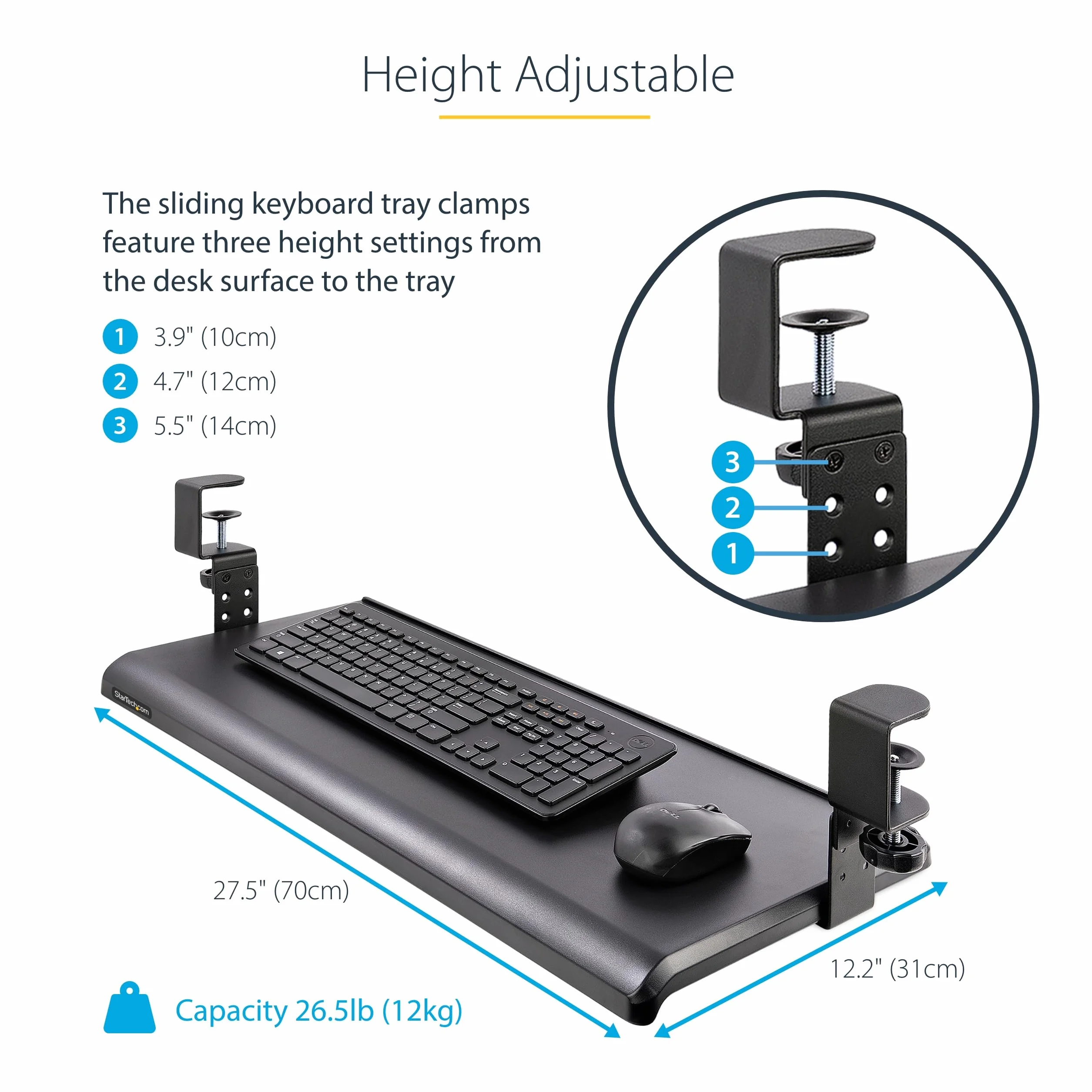 StarTech.com Wysuwana półka pod klawiaturę, uchwyt na klawiaturę z regulacją wysokości, do 12 kg, stolik komputerowy/biurko, wysuwana półka na klawiaturę (KEYBOARD-TRAY-CLAMP1)