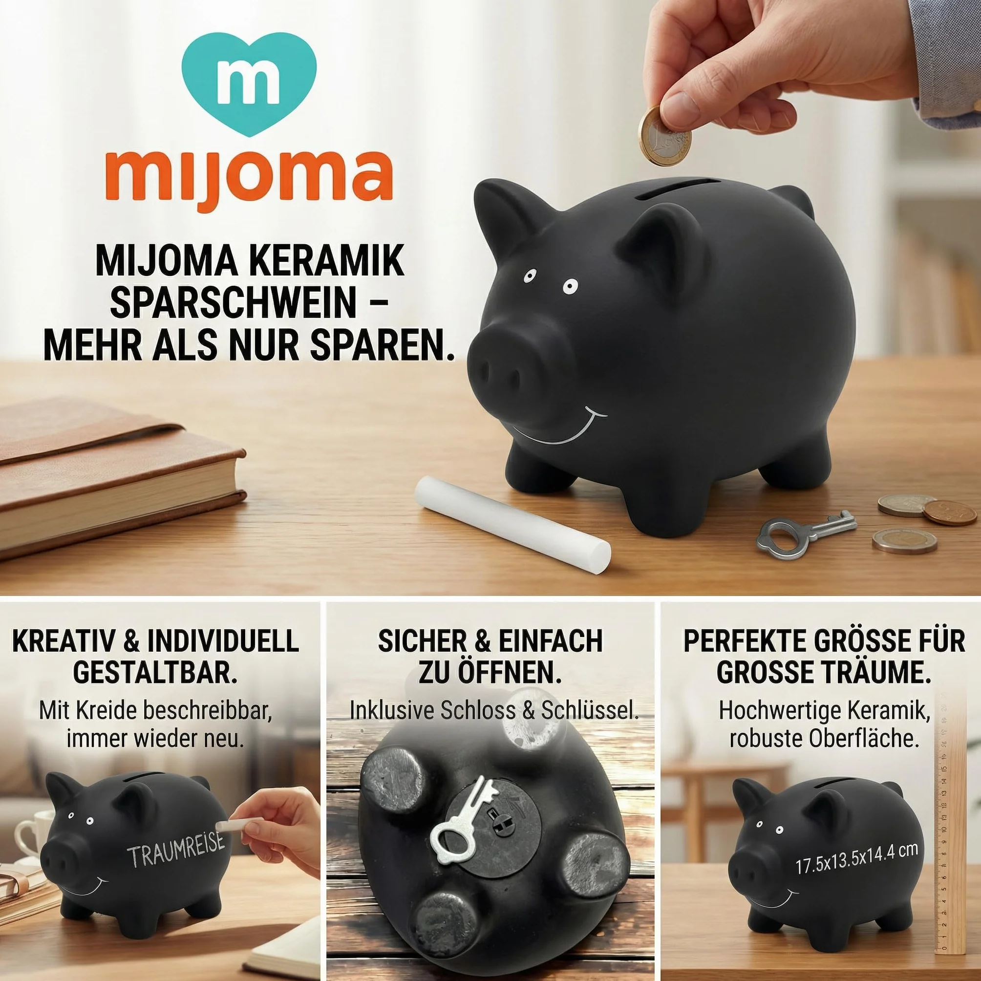 MIJOMA Ceramiczna świnka skarbonka z powierzchnią tablicy – w zestawie kreda, zamek z kluczem, 17,5 x 13,5 x 14,4 cm, kolor czarny