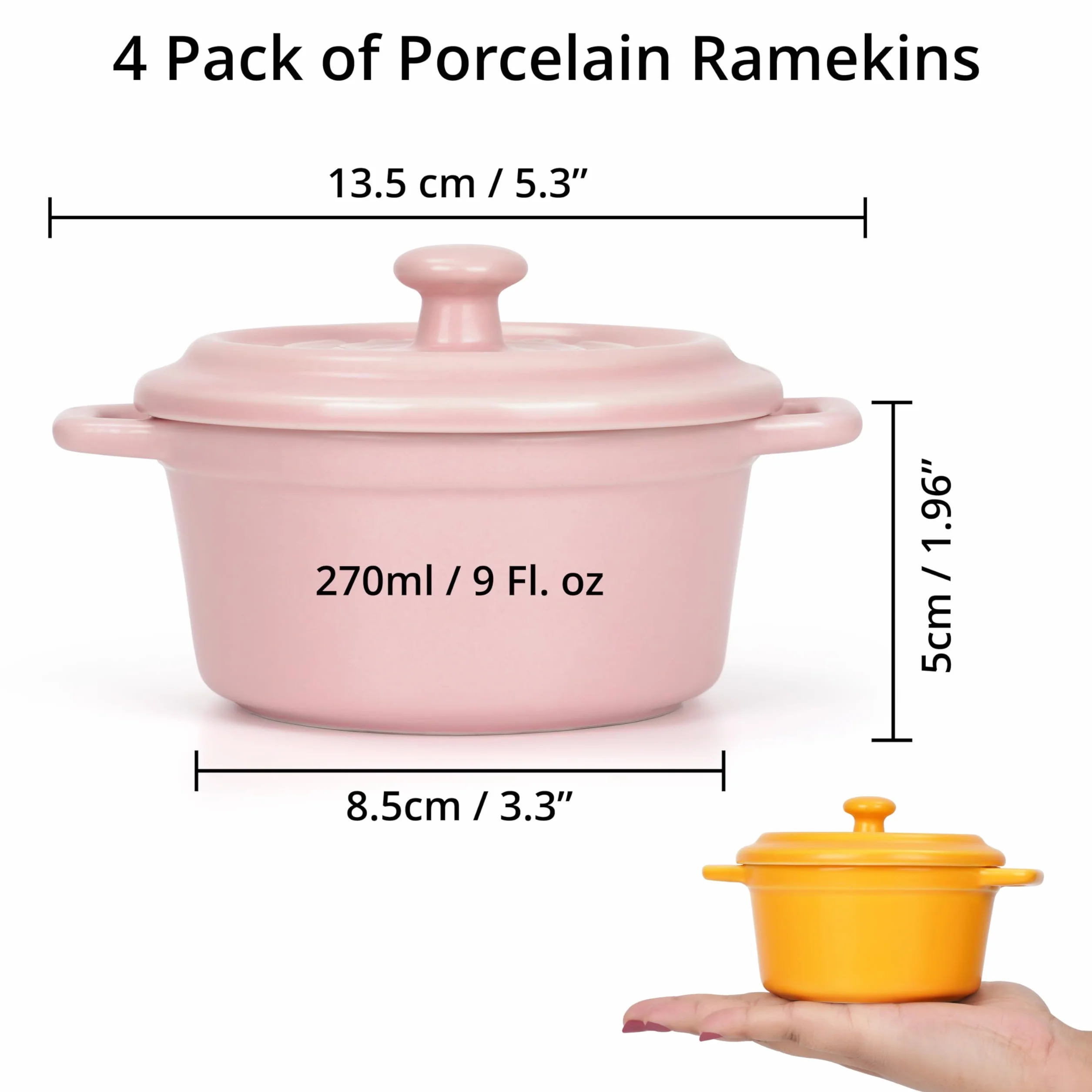 Ramekiny Porcelanowe 270ml z Pokrywkami 4 szt. Do Sufletów Zapiekanek Bezpieczne w Piecu Mikrofali Zamrażarce Zmywarce