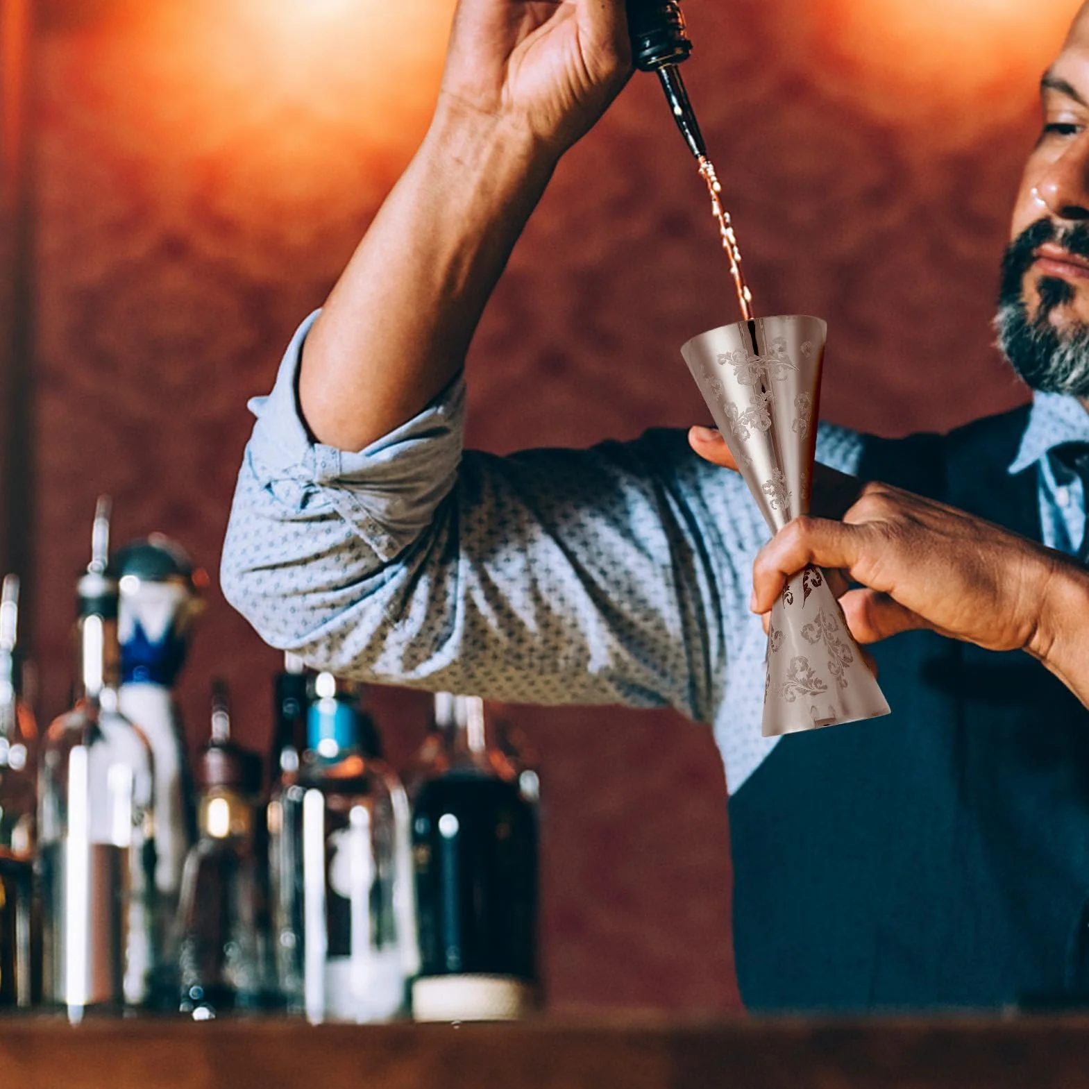 Koktajl z miarką, Jigger Bar Jigger Kubek Barista Podwójna głowa Dozowniki koktajlowe ze stali nierdzewnej z paskami ze stali nierdzewnej do baru (Large)