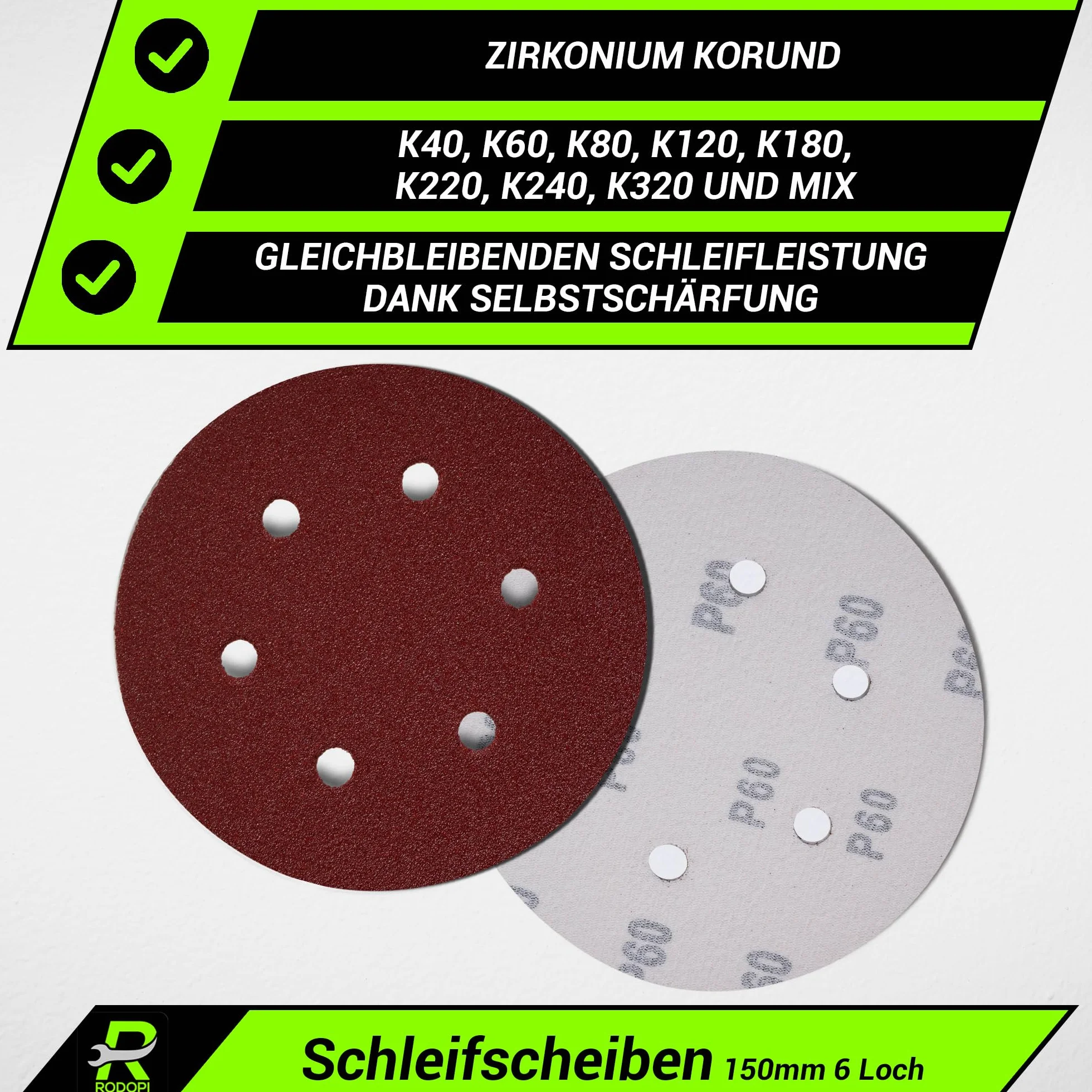 RODOPI Papier ścierny RedDevil 150 mm krążki szlifierskie na rzep ziarnistość 40-320, podkładki szlifierskie do szlifierek mimośrodowych, 6 otworów, krążki na rzep, cyrkonia, korund, 50 sztuk