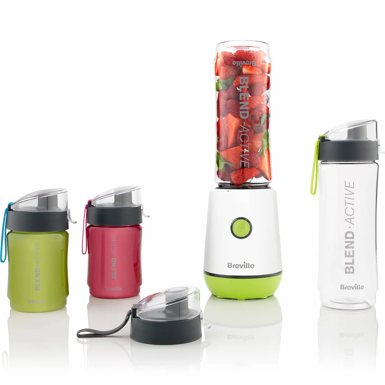 Breville Blend Active Personal Blender & Smoothie Maker | 350 W | Pakiet rodzinny | 4 przenośne butelki z mieszanką aktywnych (300 ml | 600 ml) | szczelne pokrywki | biało-zielone [VBL252]