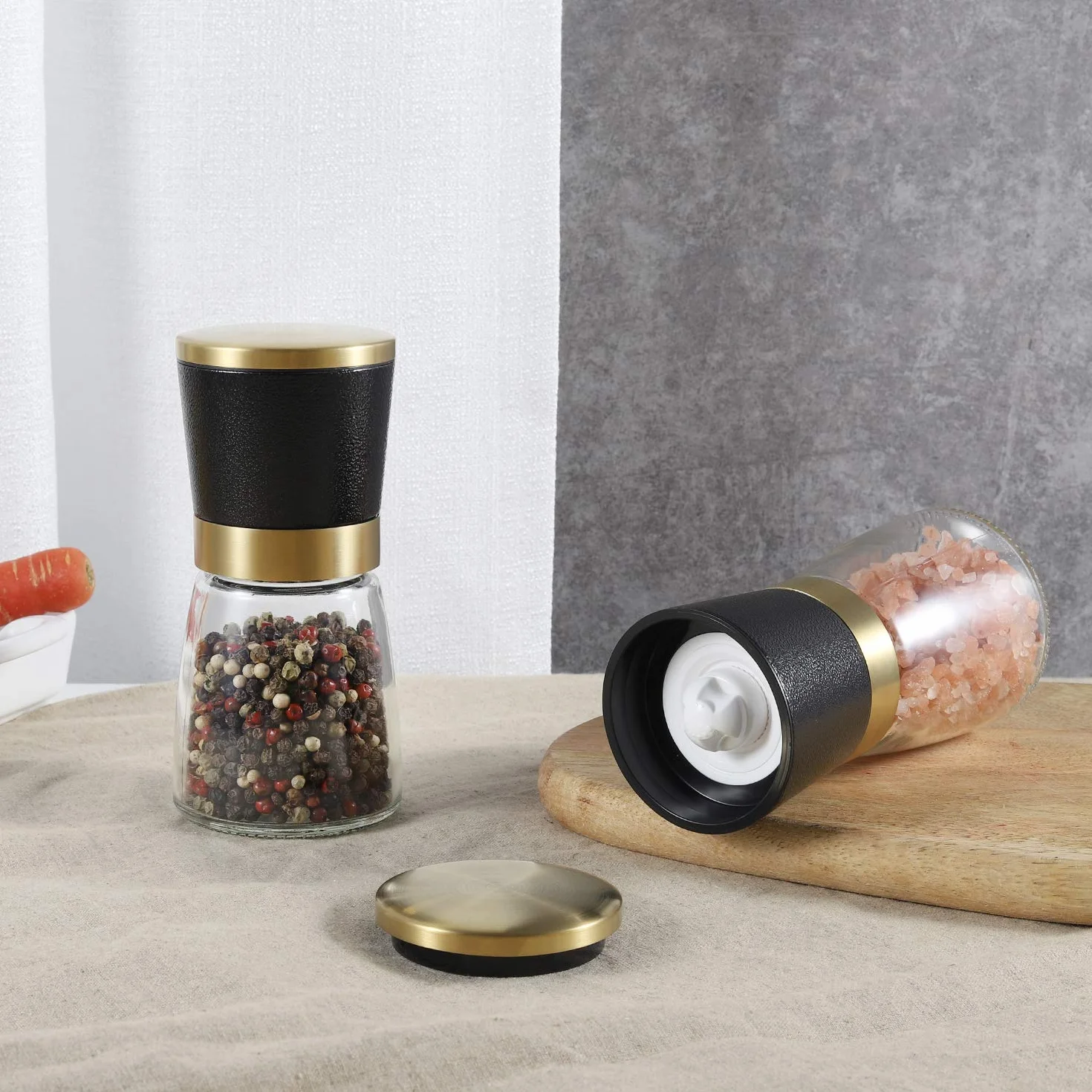 Vevok Chef Zestaw Młynków do Soli i Pieprzu, Ceramiczny Rdzeń, Regulowana Grubość, Szklany Korpus, Marmur