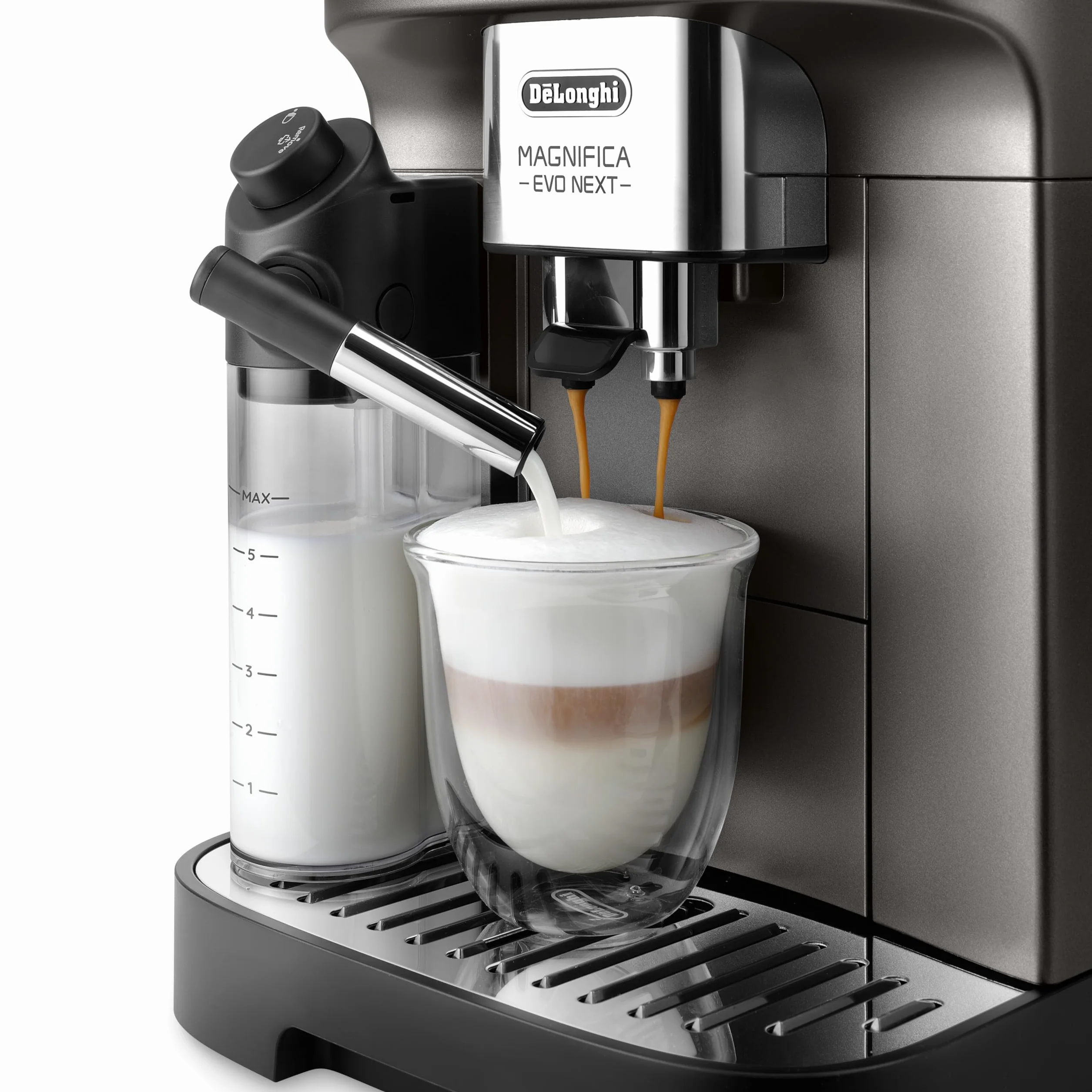 De'Longhi Wspaniały Evo Next ECAM312.80.TB, automatyczny ekspres do kawy z mlekiem, ekspres do kawy i cappuccino z intuicyjnym wyświetlaczem dotykowym, 1450 W, czarny/tytanowy