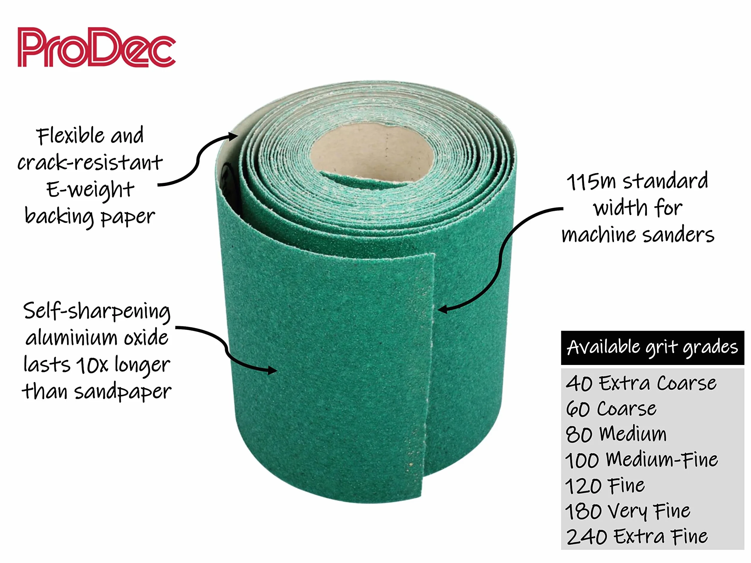 ProDec 10 m rolka 100 g średniodrobnoziarnistego zielonego papieru ściernego z tlenkiem glinu do szlifowania drewna, farb, tynku, szpachli, metalu i innych materiałów, szerokość 115 mm